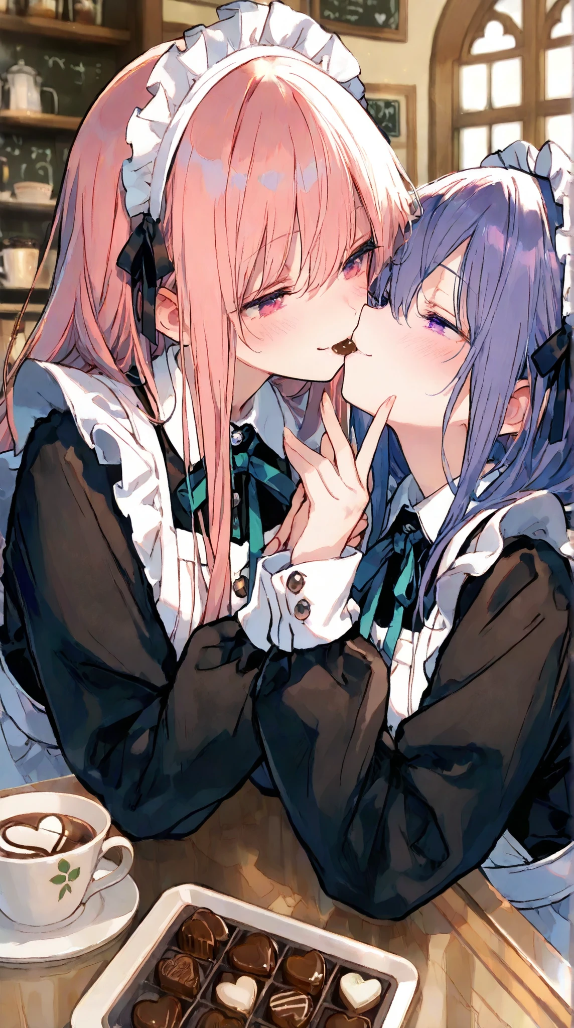748cmstyle,Cute,(masterpiece:1.2, top quality), (beautiful detailed eyes: 1.2), ((1 Beautiful Girl)),  (beautiful background:1.2), (Highly Detailed CG, Super Detailed),(very detailed and beautiful:1.1), (Perfect Details:1.1),two girls in a cafe, both kissing chocolate, multiple girls, 2girls, yuri, maid headdress, smiling
