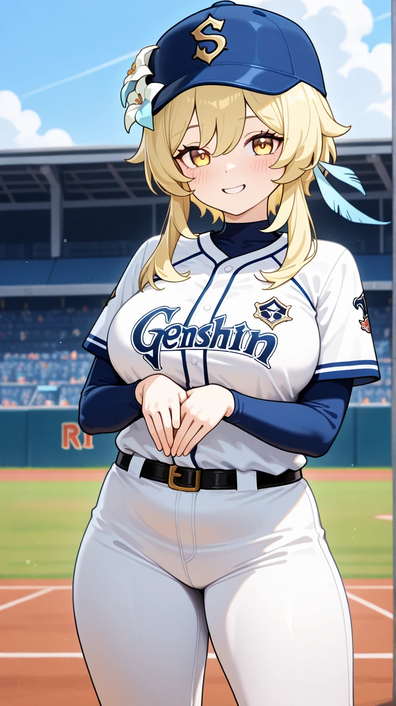 masterpiece, best quality, very aesthetic, absurdres, 1girl, mature_lady, large_breasts, ,klee_(genshin_impact), genshin_impact, blonde_hair, ahoge, hair_between_eyes, low_twintails, medium_hair, pointy_ears, sidelocks, cabbie_hat, red_hat,four-leaf_clover, clover_print,,smug,Softball Fastpitch Uniform: Comprises a jersey, pants or shorts, and often a visor or cap.,High-Tech,floating_hair