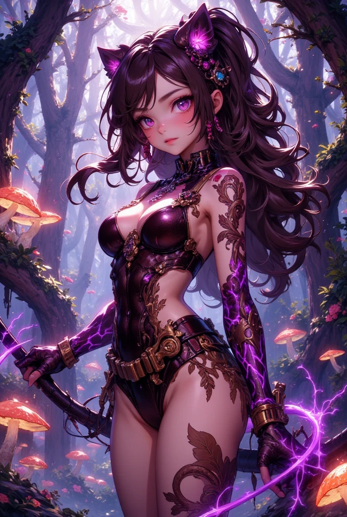 ((highest quality)),(ultra high resolution),(Super detailed),(detailed description),((best CG)),(best work of art),super precision art,amazing drawing art,(Fantasy art with precise details:1.5), (one female warrior:1.5),(beautiful and well-shaped face:1.5),Brave eyes:1.5,(light brown eyes:1.5),(wavy medium hair:1.6),(Finely detailed fur bikini armor:1.6),(big breasts:1.5),(tattoo all over the body:1.9),A double-edged sword:1.4,toned body:1.3,thin waist:1.3,Tempered legs:1.5, (A densely detailed dark jungle littered with skeletons:1.4),Moss that glows faintly:1.4,A poisonous swamp filled with bubbles:1.3