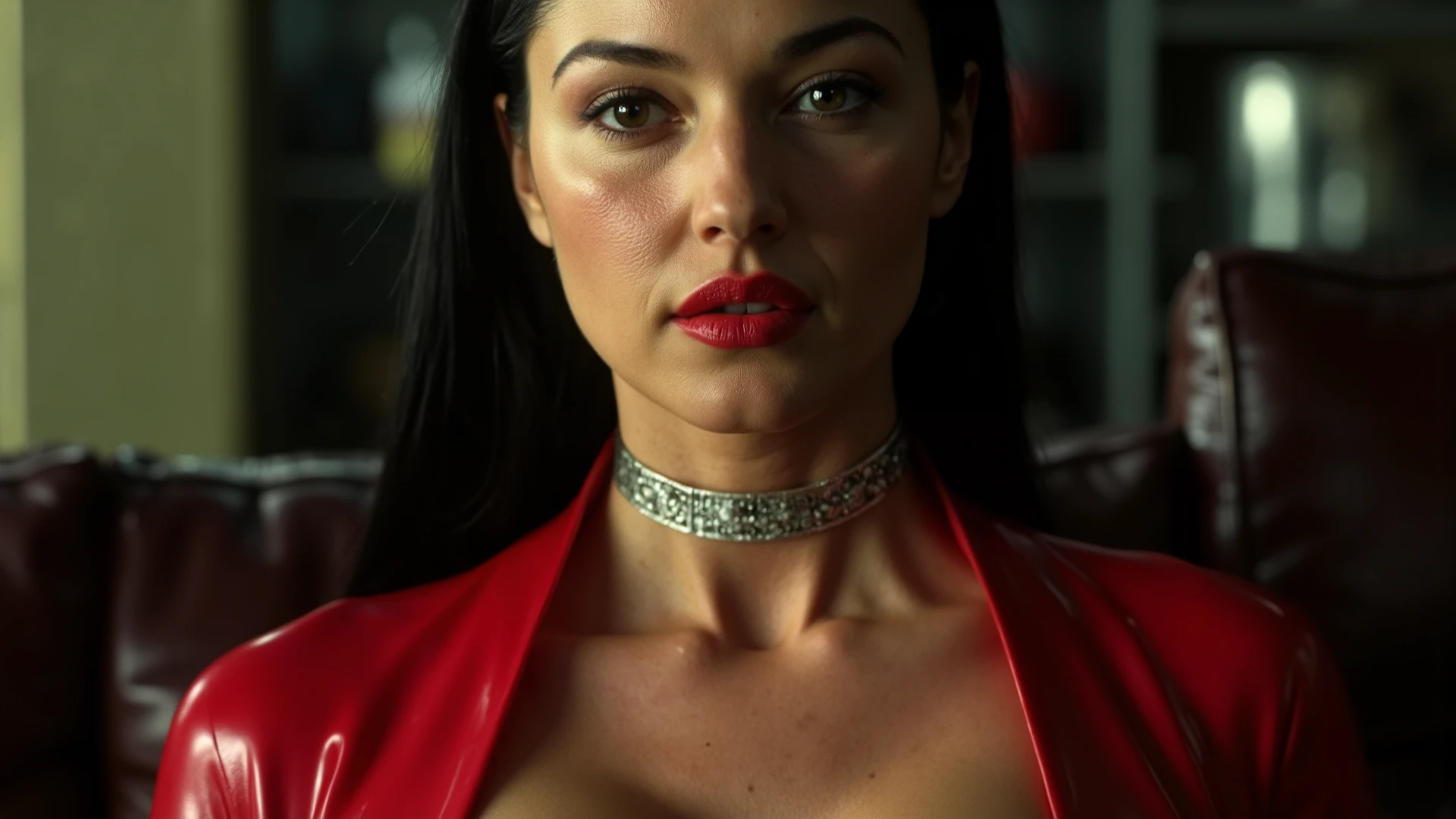 (best quality, hyperdetailed photography:1.2), beautiful lady, freckles, dark makeup, soft light, head and breast portrait, cover, (detailed beautiful face, detail skin texture, ultra-detailed body:1.1) ,((massive perfect breast)), ((snoopy breast:1.1)),((cyberpunk warrior:1.0)), strong body, red black hair, dark yellow eyes,,,,((long open black coat)), ((dark neon lights)),, ((sexy dress)),, Deep cleavage,