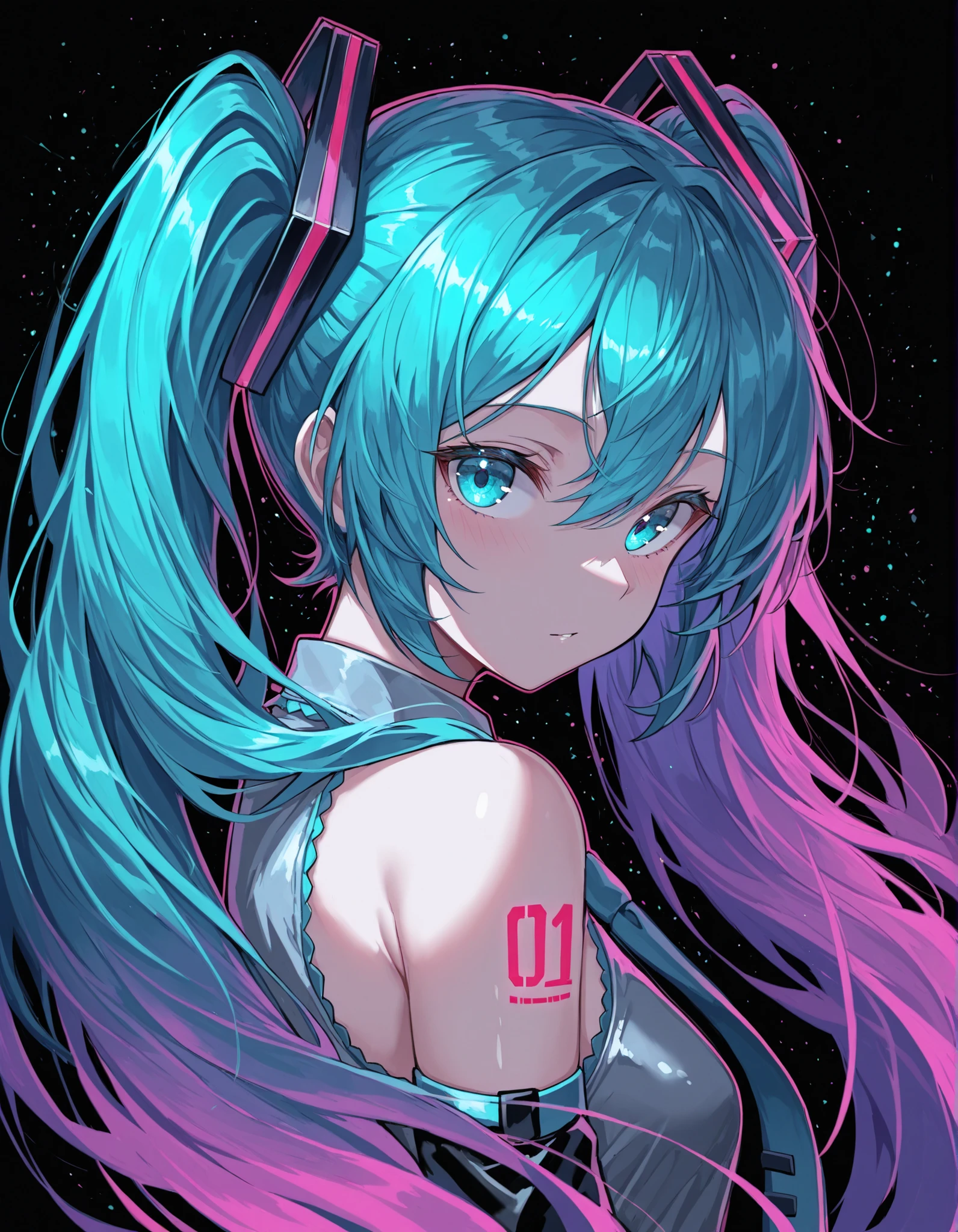 nameno92372763 Style,, Hatsune Miku,limited palette,black background,colorful,vibrant,glowing outline,neon,blacklight,looking at viewer, masterpiece, very aesthetic