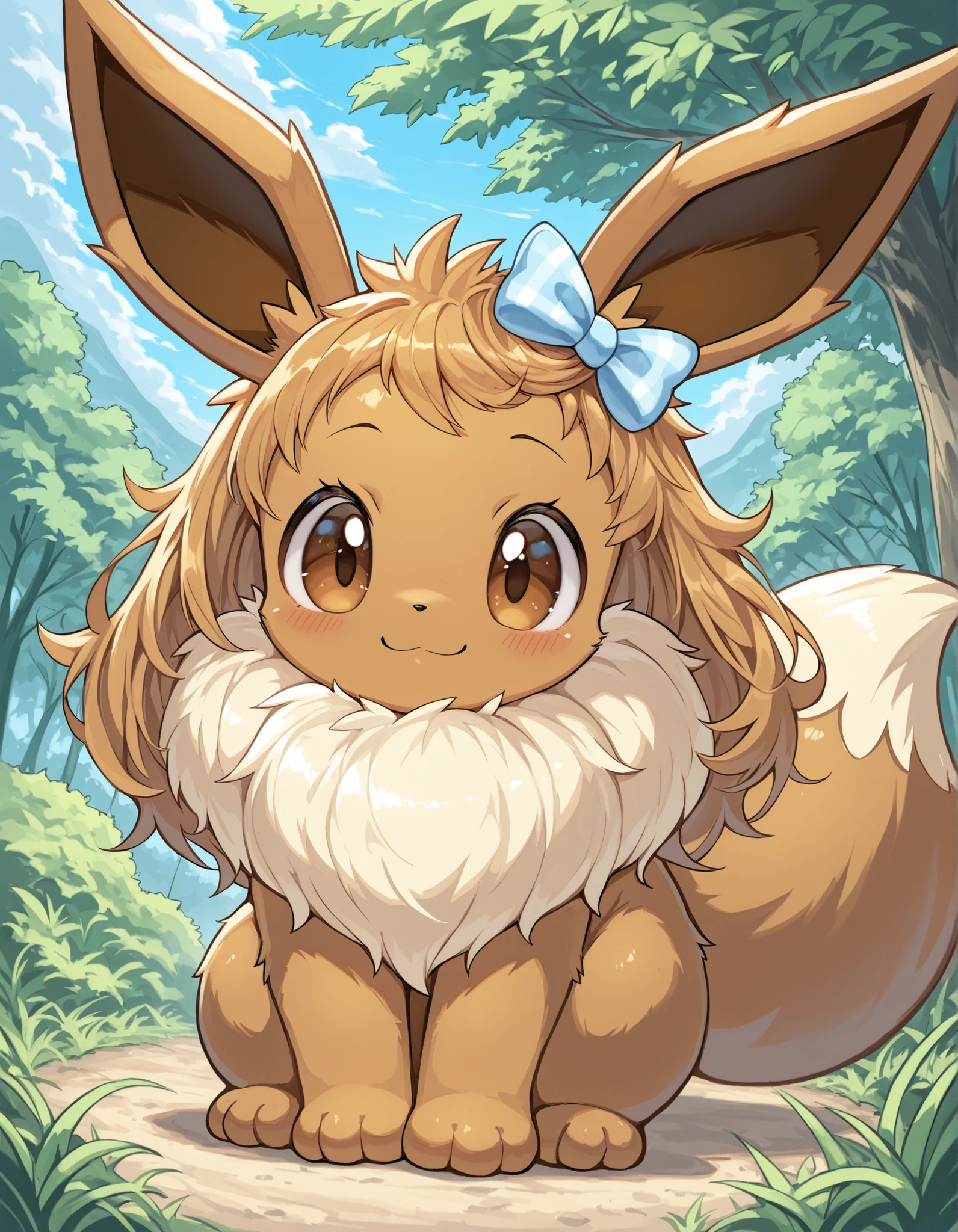 nameno92372763 Style,, pokekid, eevee, fluffy girl, furry girl, female, smile, smiling, has a big pretty bow in her hair, has animal paws for hands, 1girl, best quality, outdoors, high definition, cute,