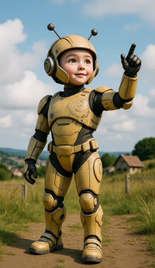 It is afternoon, a big green land and a river. An ant which is wearing an ironman suit. A boy with middle hair cut  is standing with the ant. The boy is wearing a t shirt, cargo pant and a white shoes. “theeihu” is written in the boy's t shirt. The boy and the ant hugging each other.
