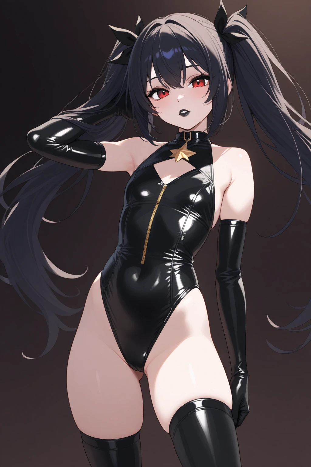 (masterpiece:1.3), (absurdres:1.3), (best quality:1.3), (8K), (large masterpiece digital art), (detailed manga illustration), (handled hair), pureerosface_v1, perfect anatomy, (intricate details:1.3), (ultra-detailed:1.3), (illustration:1.3), (sharp focus:1.3), (natural lighting:1.05), (vivid colors:1.3), <lora:ninomaeInanisHololive_v1:0.8>, ninoma ina'nis, (flat chest), tentacle hair, strapless, black thighhighs, black elbow gloves, diamond hairband, black highleg leotard, arms up, hand up, <lora:tokinoSoraHololive_v1:0.4>, sailor collar,