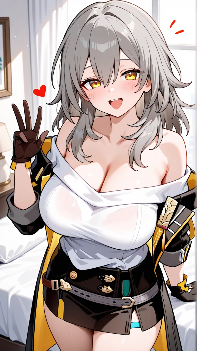 1girl, solo, aru, (halo), (horns), horn, false smile, mature female, standing, sweat, fog, sweater, flustered, panicking, rushing, revealing clothes, forced smile, half-closed eyes, slut, white shirt, jacket, (black fur), sleeveless, microskirt, golden bracelet, wrist ring, (o-ring:1.2), high heels, (thong), panties, hoop earrings, nodded head, underboob, pleated skirt, microskirt, naughty face, evil smile, blush, (dark skin:1.4), (blonde hair:1.3), milf, mature women, sagging breast, (huge breast), puffy nipple, big belly, chubby, plump, BREAK (masterpiece, 4k, 8k, ultra hires, exremely detailed, good shadow, good light, deep shadow, unreal, high resolution, ultra detailed, best quality, ultra high res, visually stunning, beautiful, award-winning art, best quality, stunningly beautiful:1.2),