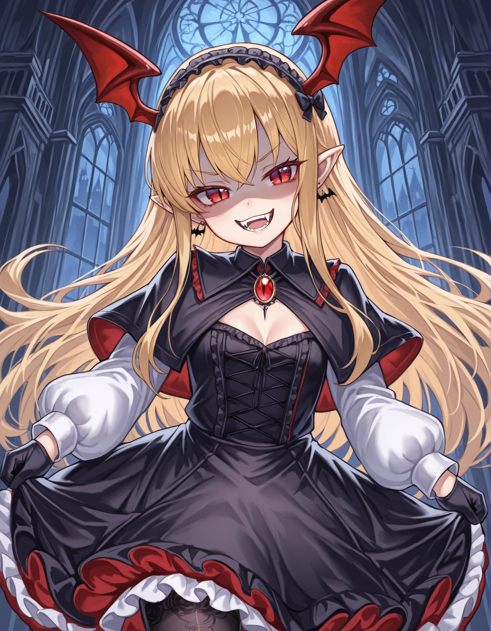 nameno92372763 Style,, VaniVampy, vampy, vampire girl, 1girl, solo, very long blonde hair, bangs, red eyes, head wings, pointy ears, fangs, slit pupils, black dress, gothic, long sleeves, frills, frilled dress, puffy long sleeves, hairband, hair bow, black earrings, cleavage cutout, black capelet, silk, fine fabric emphasis, shaded face, smug, mesugaki, head tilt, teeth, black gloves, gothic architecture, BREAK A young vampire girl in a gothic castle,