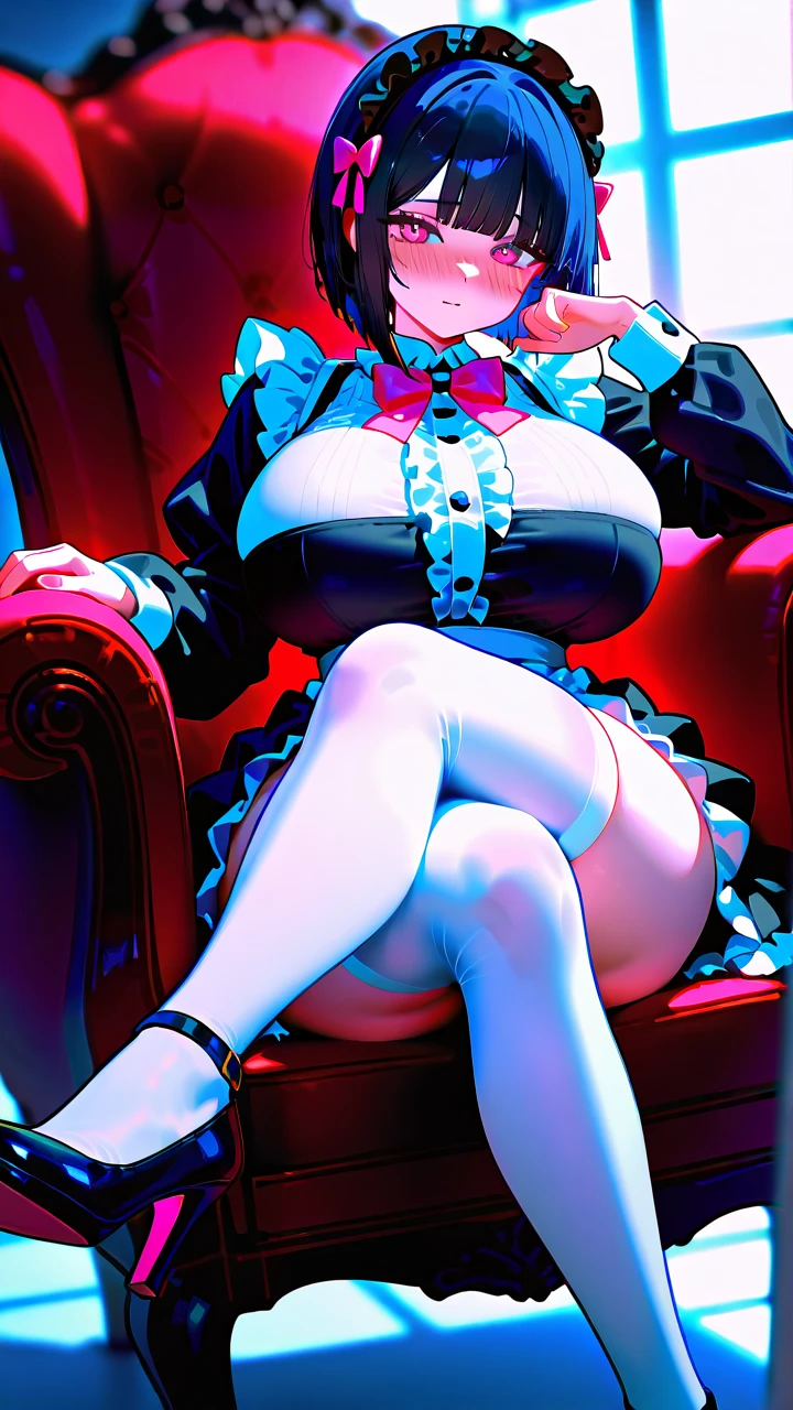 masterpiece, best quality, ultra high res, ultra-detailed, inside a very luxurious bar, night, bar soft illumination, shelves with many types of liquor bottles in the background, 1 Mature MILF woman, slut, (blue hair: 1.3), (teal eyes: 1.3), (lateral ponytail hairstyle: 1.4), (a red rose as hair ornament: 1.4), (red nail: 1.3), (black eyeliner: 1.3), (full lips: 1.3), (red gloss lipstick: 1.4), (hairy pubic hair: 1.3), (giant tits and giant cleavage: 1.6), (erotic and sexy lace-trimmed red lingerie: 1.5), (lace-trimmed bred stockings: 1.4), (red high heels: 1.4), (Hard and erected Nipples: 1.4), (a giant tits mature MILF mom is sitting raunchy with her legs wide open on a luxurious velvet sofa while she is squirting a lot of cum from her exposed pussy and looks at the observer with the face of a great slutty slut while she moans with her mouth open with her tongue out like a slut in heat: 1.6)