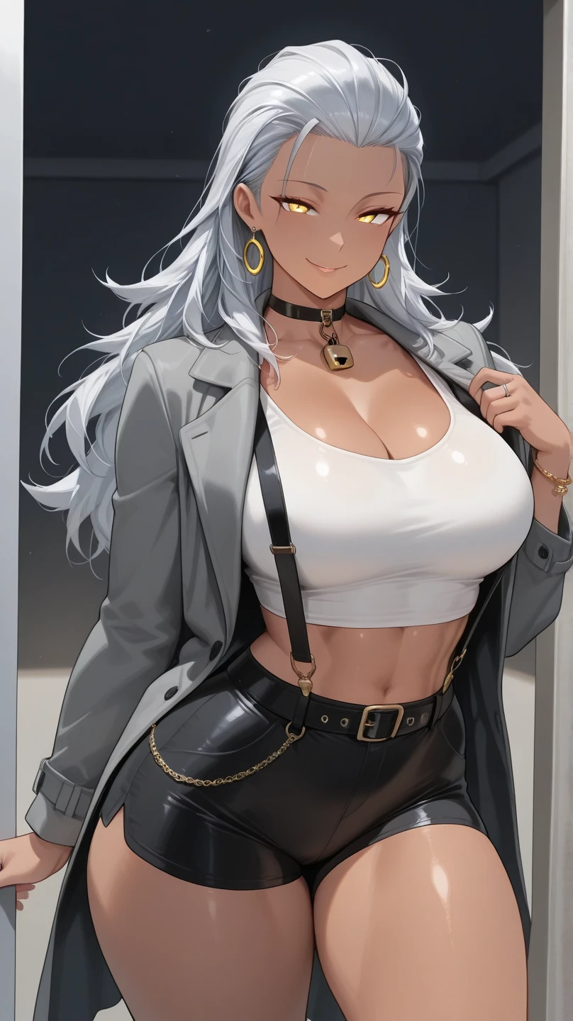 (best quality:1.5, highres, UHD, 4K, detailed lighting, shaders), gray floral haired, gradient hair, large breasts, suit, gray shirt, social shirt, black T-shirt, black skirt, mature woman , (pov), white background, colorful eyeshadow, dramatic lighting, sparkling eyes, sensual expression, golden earrings, flowing hair, delicate facial features, dark skin, high cheekbones, urban setting, white background, behind the camera