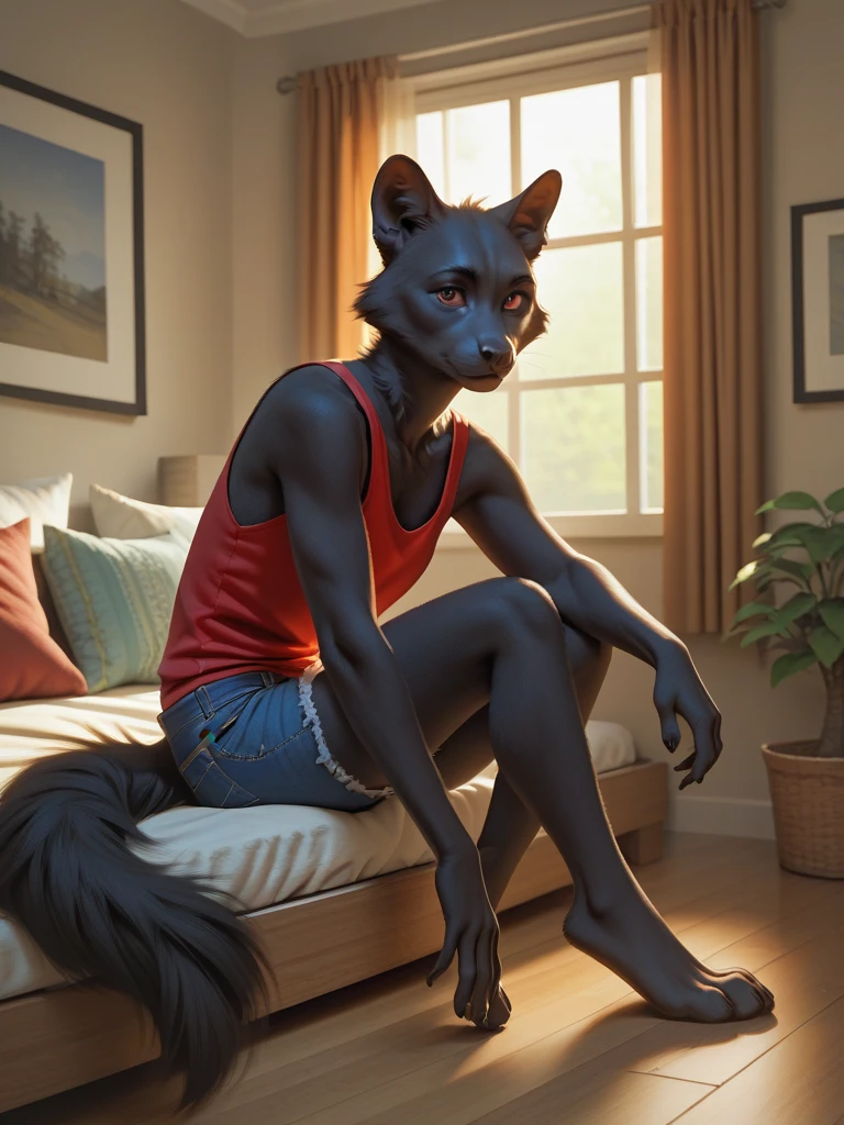arya stark, sexy, shy, skinny, Eyeliner, smile young, flat chested, sitting, excited look, naked torso, black wolf tail, long tail, one tail, black wolf ears, human face, small nose, lips, white face, white front body, black back body, looking on viewer, happy smiling, full body, front view