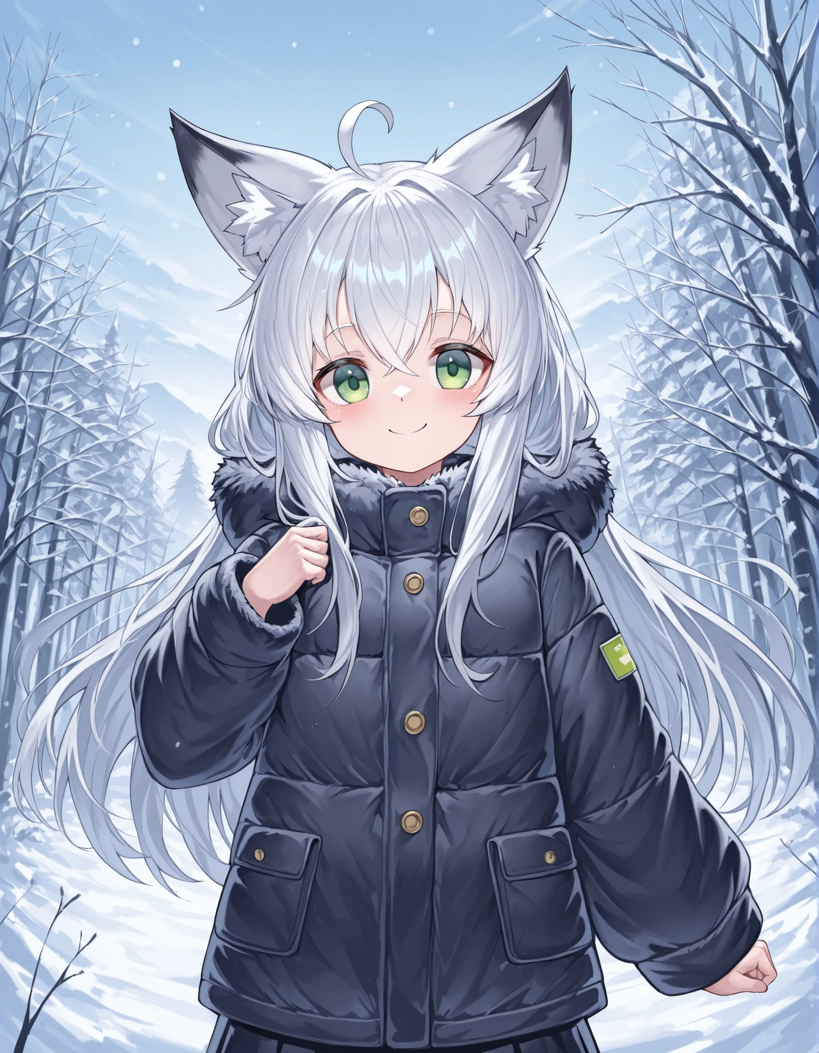 nameno92372763 Style,, anime, BREAK, young fox girl, skinny and frail, (petite,cute:0.5), green eyes, looking at viewer, long hair, white hair, smile, winter clothes, outdoors, winter,
