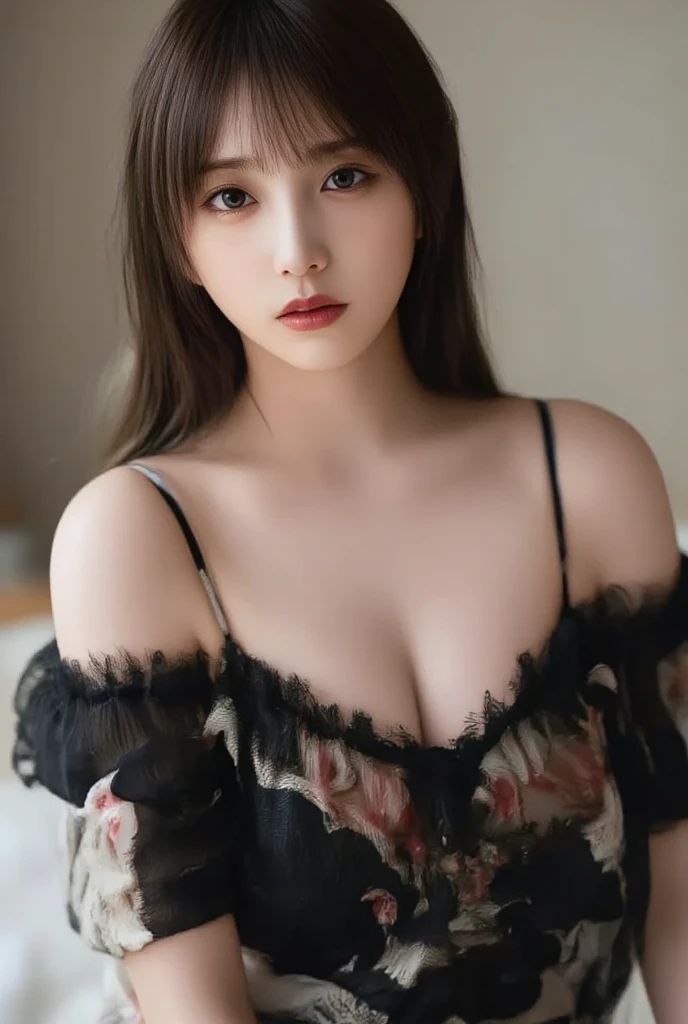 Fashion trendy beautiful and charming woman, gentle and charming Chinese beautiful woman, Korean(kpop-idol), delicate and sexy collarbone, charming oval face, double eyelids, smart [peach]blossom eyes, pink lips, small nose, bare shoulders, focus on the face, close-up of the face, Ultra-high-definition, super-detailed, the ((loose)), white off-the-shoulder shirt perfectly echoes the light blue high slit miniskirt, (chest cutout). ((black)lace panties), fresh and impressive, Natural(medium breasts:1.25), (nsfw:1.2)