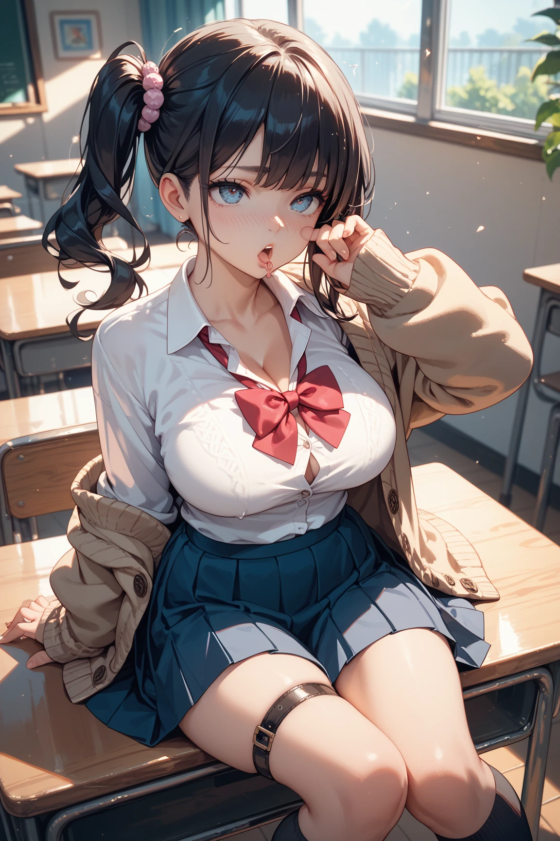 (masterpiece:1.2, highest quality), (realistic, photorealistic:1.4), beautiful illustrations, (natural side lighting, movie lighting), looking at the viewer, Front view, 1 girl, Japanese, high school girl, perfect face, Cute symmetrical face, shiny skin, (short hair, messy hair, have a lot of hair), dull bangs, gold aisle chest:0.6, seductive thighs, big ass), earrings, beautiful hair, beautiful face, fine and beautiful eyes, beautiful clavicle, beautiful body, beautiful breasts, beautiful thighs, beautiful feet, beautiful fingers, ((Long Sleeve White Collar Shirt, Navy pleated mini skirt, light brown cardigan)), , (classroom)、(highest quality, realistic, High resolution, 1 Girl NSFW) ,slender body,(vagina,sex,) ,slanted eyes,Sweat,saliva,(See through,serafuku),big breasts,cum in pussy,girl trembling with sexual climax,(((heart-shaped pupil))),Ahegao