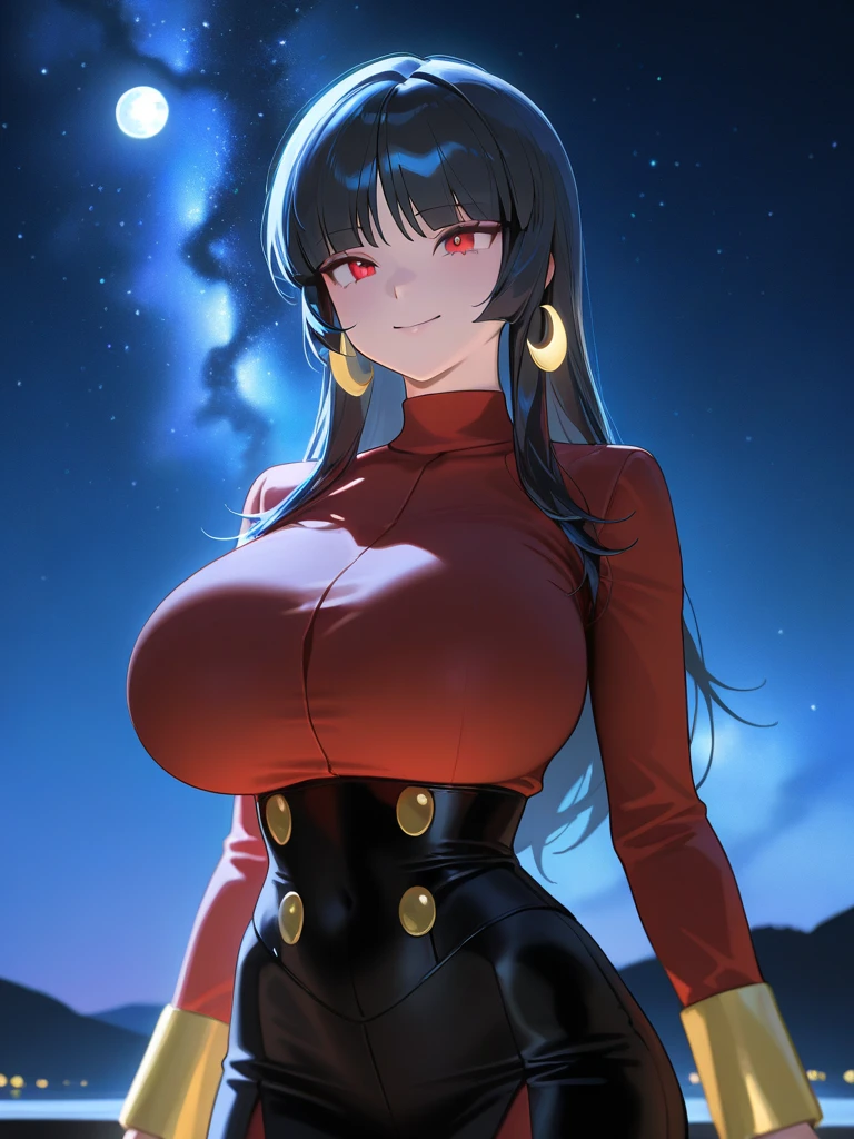1girl, annerose, annerose_vajra, black_hair, bodysuit, breast, female_focus, highres, kagami_hirotaka, koutetsu_no_majo_anneroze, large_breasts, long_hair, long_sleeves, miniskirt, night, night_sky, pointy_ears, shiny_skin, showgirl_skirt, sitting, skin_tight, skirt, sky, solo, taut_clothes, yellow_eyes, intricate_details, professional_art, 4k, hd, KyStyle, looking_at_viewer, fully_covered_breasts_by_bodysuit, excited