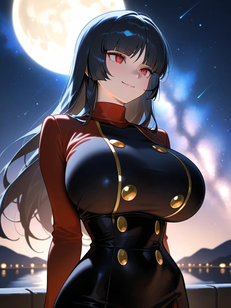 Annerose, 1girl, female mature, black hair, long hair, yellow eyes, large breasts, bodysuit, higheels, shiny clothes, skin tight, hair intakes, covered breasts, sideboob, cleavage, hands gloves,
(masterpiece, highres, intricate details, extremely detail, illustration, 8k, HD, ultra-detailed, looking at viewer), (
midtown at night, moonlight,
happy,