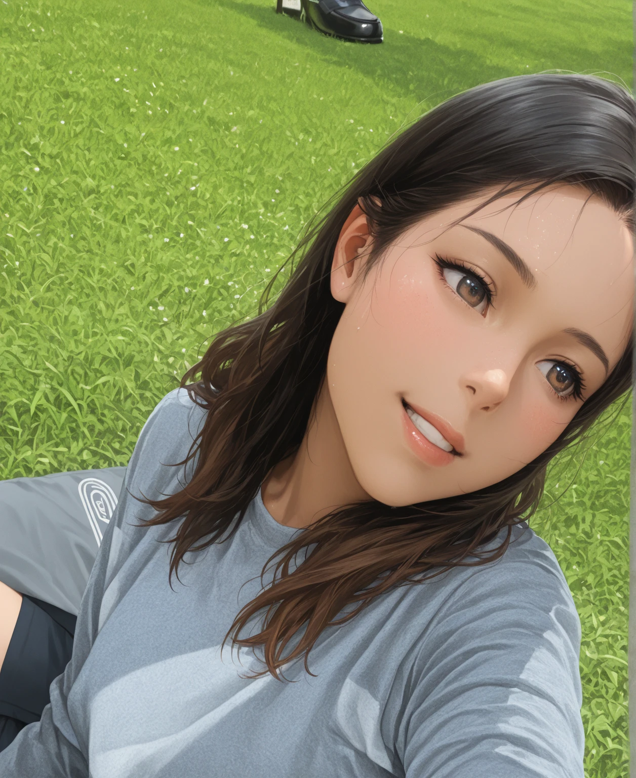 A 10-year-old child, com cabelos castanhos curtos, Rosto redondo, rosto redondo com sorriso encantador, e olhos castanhos