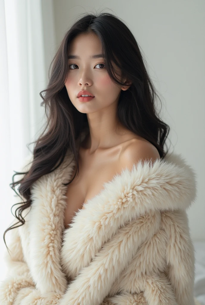 beautiful asian girl, white fur, elegant seducing pose