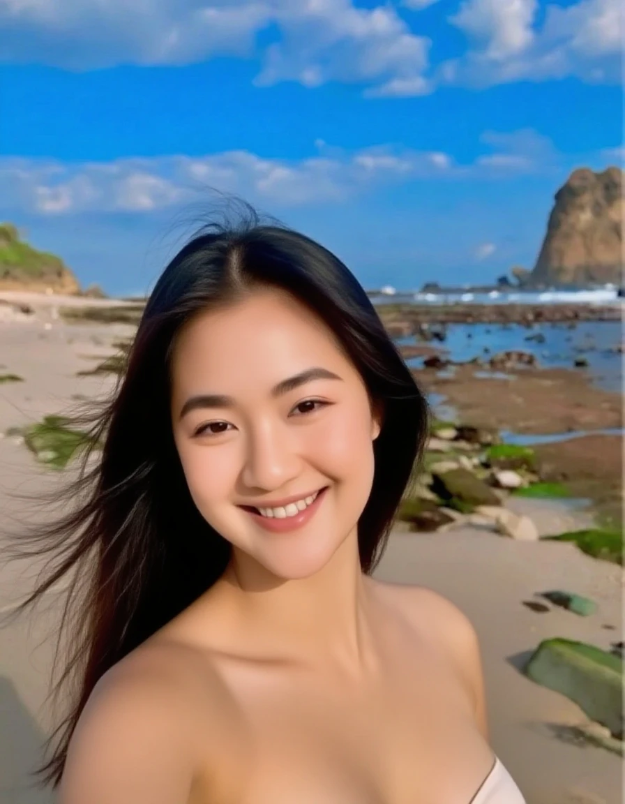 ((top-quality、8K、masterpiece:1.3))、Shot at sea、Angle from below、Blue Eye、beauty legs、japanes、Wearing a short。、1girl in、beautfull Japanease woman:1.3、(Longhaire、tits out:1.2)、 shortpants:1.2、Beautiful Women in Perfect Style:1.4、Perfect eyes、Even-eyed、Natural smile、Perfect iris、Perfect lips、golden skin、no moles、Super Detail Face、Delicat eyes、二重まぶた、Soft breasts、A smile、Exposed cleavage、