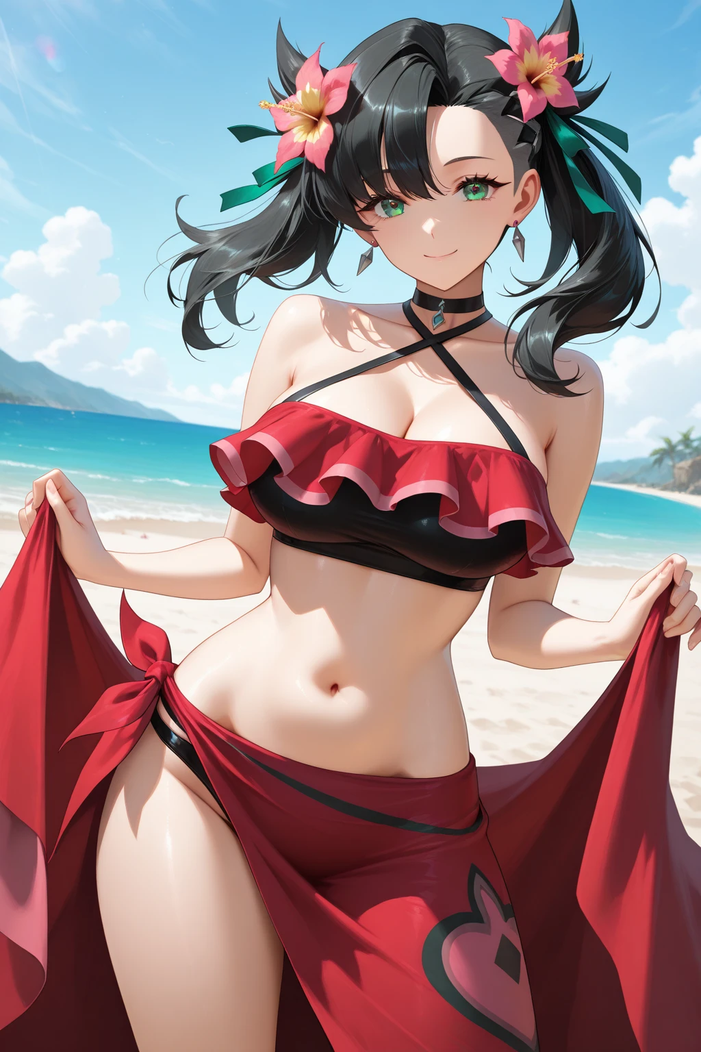 masterpiece, best quality, highres, Ookami Mio, hair ornament, ponytail, wolf tail, swimsuit, thigh strap, leaf print, collar, string bikini, ocean, water, wet, smile, open mouth, partially submerged, reaching out,