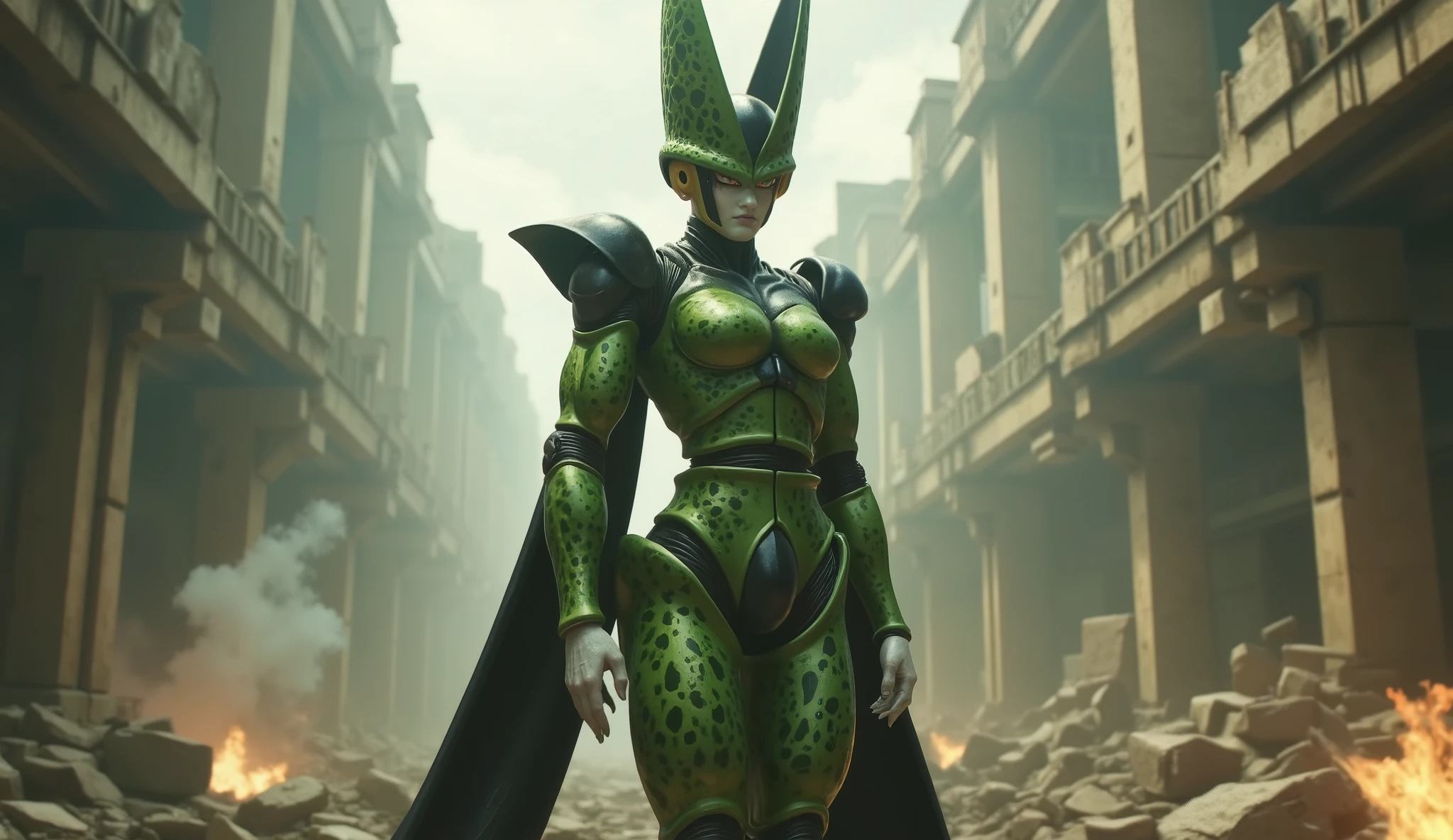 ultra realistic full-body cinematic shot of a tall, elegant female bio-engineered creature inspired by a female version of Cell perfect form from Dragon Ball, featuring a sleek but sexy silhouette with realistic anatomical structure with big boobs beneath segmented armor, matte green and black exoskeletal plates with insectoid texture, fine surface imperfections, scratches, and dirt in seams, soft organic curves blended with biomechanical detail, dark almond-shaped eyes with human beautiful face, crest-like head structure integrated with the skull, complex joint design at elbows and knees, standing in a crumbling industrial battlefield with smoke and backlight, highly cinematic lighting with practical-looking shadows, textured skin and shell, photorealistic effect like a real creature in a live-action sci-fi film
