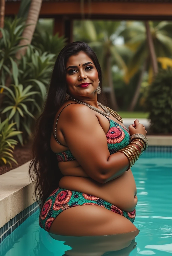 ultrarealistic hires photo of Indian woman wearing bikini, 20 years old,(chubby cheeks), (curvy body), (eyeglasses), (bindi), An Indian beauty, charismatic, dark Indian- skin, view the viewer, naughty smile, on a yacht, realistic skin texture