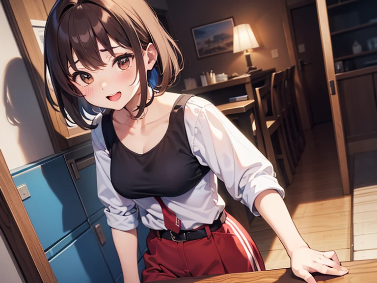 (8k、Best image quality、highest quality、masterpiece)、Detailed face、((Change the sand))、Black Hair、Short Twin Tails、Grey Eyes、Wicked Smile、((Open your mouth and extend your tongue))、Small breasts、((Brown cardigan))、((Taking off her skirt))、Cowboy Shot、((White panties))、Looking Back、Jim's warehouse
