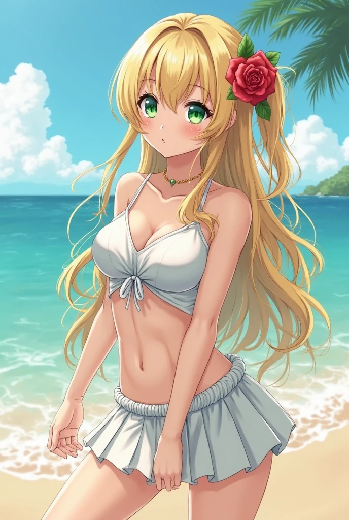 masterpiece, rich colors, Best quality, detailed, high resolution, Hyper quality, high detail, , high quality, detailing, skinny sexy girl on the beach , bright lighting , Brown eyes, Anime, palm trees, bright lighting, blonde,
