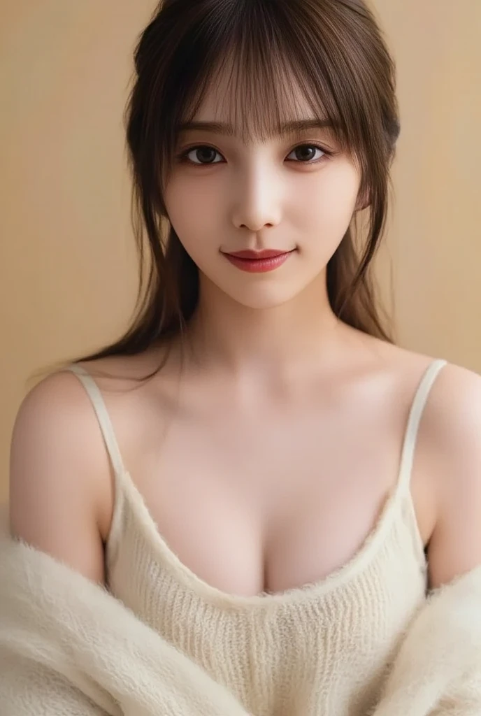25 years Old woman, sweater, cleavage, beauty face, thin, Updo hair style, medium breast