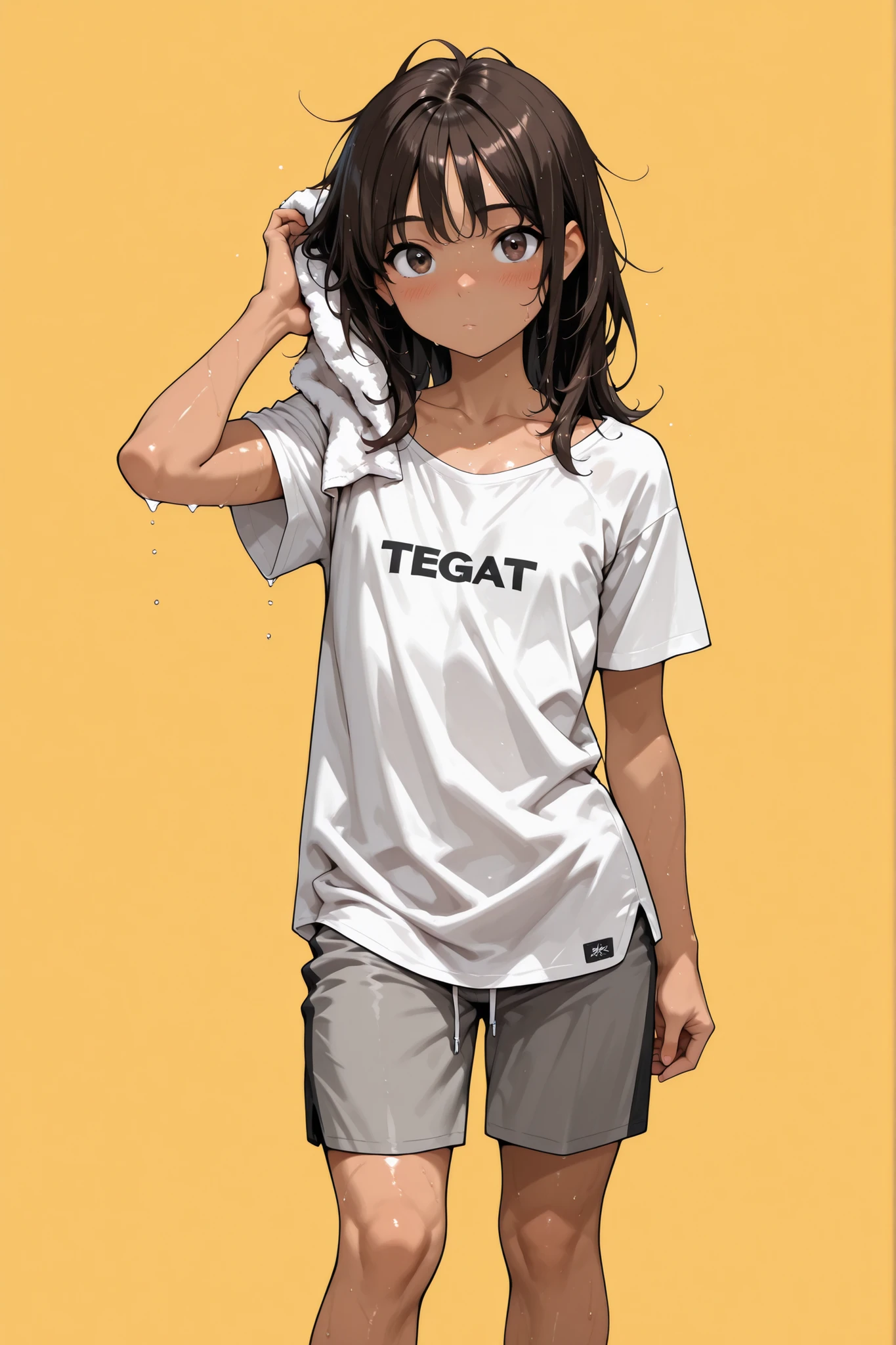 (1 Boy),(like a girl),Super Detailed,absolute resolution,(dynamic angles),(tanned skin:0.3),portrait,((pinup)),(after a bath),looking at viewer,standing,(drying),white T-shirt,(Knee-length long T-shirt:1.5),((untucked shirt)),gray sports shorts,bare foot,detailed and beautiful face and eyes,dark brown eyes,(Bulbous Nose:0.3),((Japanese Boy)),black shiny hair,(healthy body),(Short Height),(flat chest:1.5),((medium layered hair, collarbone length hair)),(messy hair:0.9),(wet hair:0.5),(Flowing Sweat:0.3),(blush:0.6),(nose blush:0.8),(yellow background)
