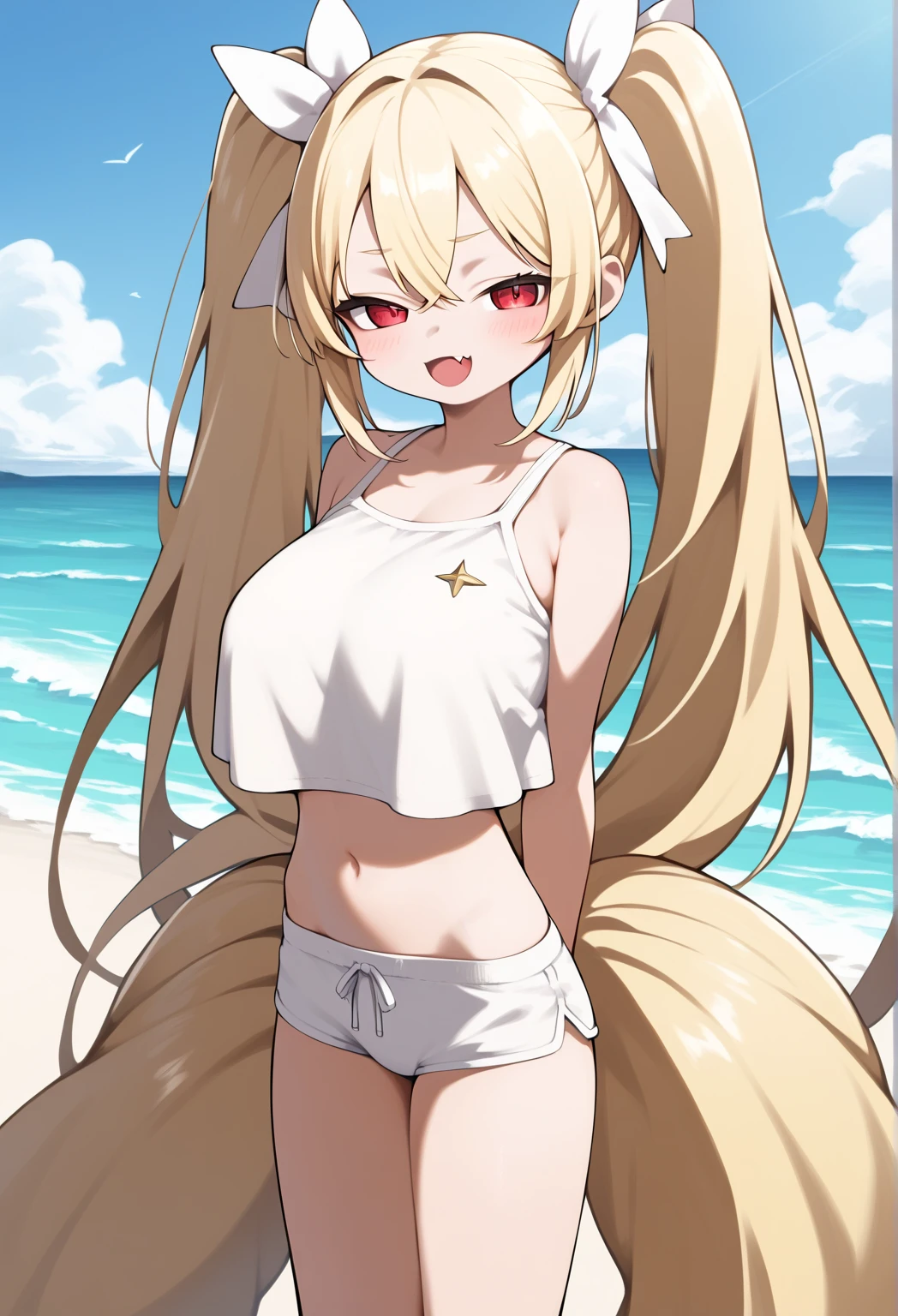 (masterpiece,best quality,ultra-detailed), an anime girl, lively and pretty fashion model. She has blonde-white colored long hair with air bangs , violet colored oval eyes, siamese cat ears and tail, wearing crop top, skort, pose lively like fashion model at the night beach, smiling at viewer