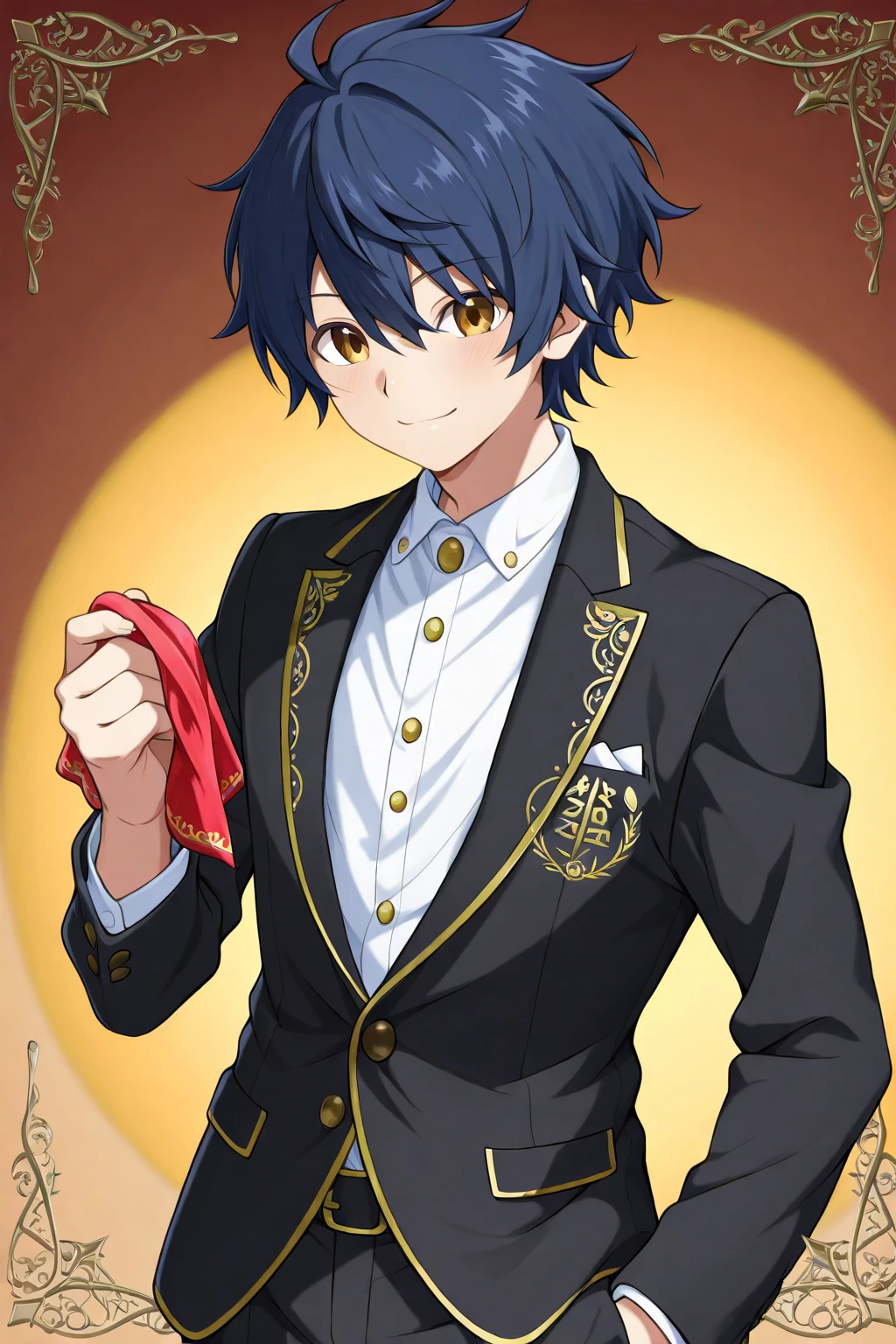 Highres, Masterpiece, Best quality at best,Best Quality,hight quality, hight detailed, Anime style, 1boy, Boy, Shota, Solo person, young boy, Sleeveless vest, Bare shoulder, Tie, Gloves, Choker, Casino, Waiter, night day, Slim body, smile, sweat, Body, Simple beckground, Seen from the front, (Showing armpit:1.3), age 12, (very young boy), (very small and short body), uhd