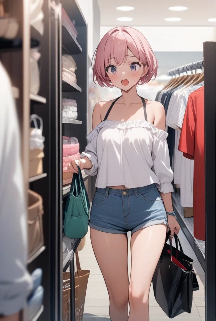 ((Highest quality, 8k, masterpiece: 1.3)), whole body,1 personの,1 person,,Glamorous Body,cute,Troubled face,Black Hair,Beautiful emerald green eyes,long hair,Stand in front,((In front of the clothes rack)),(((Pastel pink bra,Pastel pink panties,Scanty))),Morning sunshine,Inside the room,