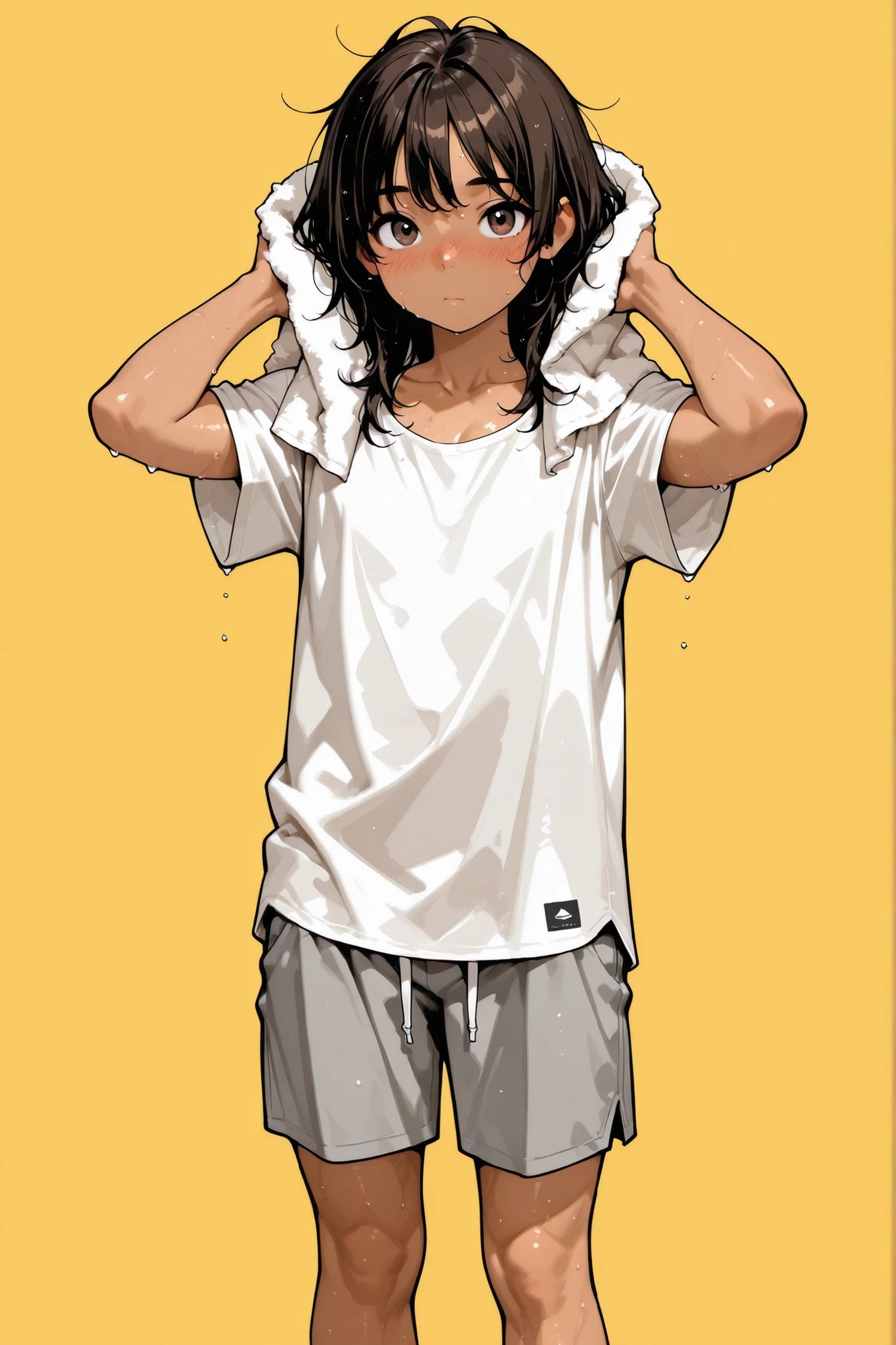 (1 Boy),(like a girl),Super Detailed,absolute resolution,(dynamic angles),(tanned skin:0.3),portrait,((pinup)),close-up,(after a bath),looking at viewer,standing,(drying),white T-shirt,(Knee-length long T-shirt:1.5),((untucked shirt)),gray sports shorts,bare foot,detailed and beautiful face and eyes,dark brown eyes,(Bulbous Nose:0.3),((Japanese Boy)),black shiny hair,(healthy body),(Short Height),(flat chest:1.5),((medium layered hair, collarbone length hair)),(messy hair:0.9),(wet hair:0.5),(Flowing Sweat:0.3),(blush:0.6),(nose blush:0.8),(yellow background)
