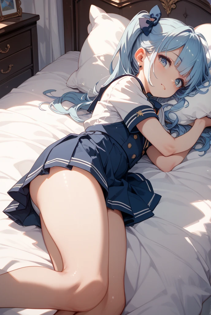 masterpiece, highest quality,figure,sailor suit,slanted eyes,straight hair,blue hair,side part,super dense skin,beautiful and fine eyes,short sleeve shirt,light brown eyes,(medium breasts:1.1), (A raised and well-defined bust:1.1), (lifted chest:1.2), (perky chest :1.1),high School girl,please sit down,high socks,loafers,School,open your mouth,Very detailed white panties,背面figure,normal waist,fear