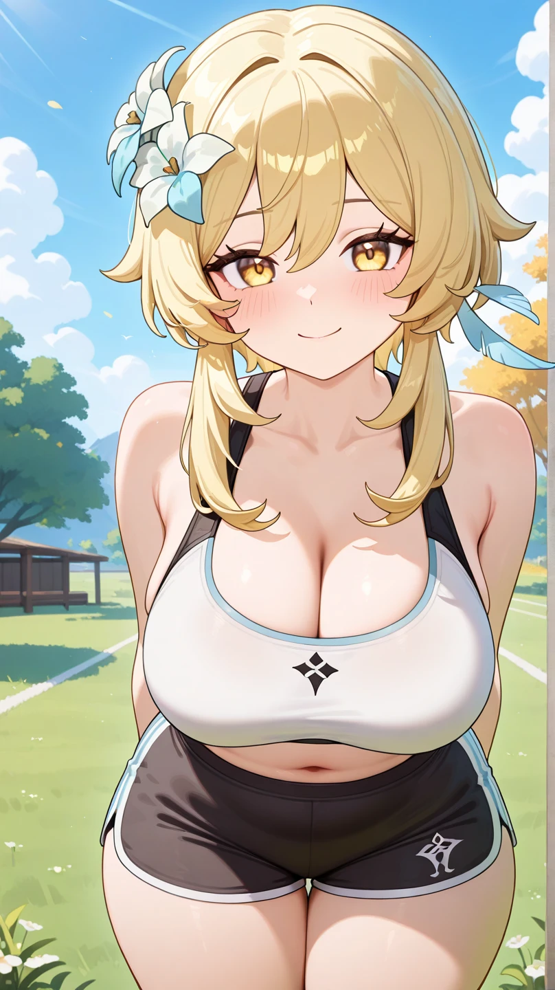 (Best quality:1.3), yoimiyadef, large breasts, cleavage, titfuck, paizuri, blushing:1.2, (pov, close shot), smiling, park