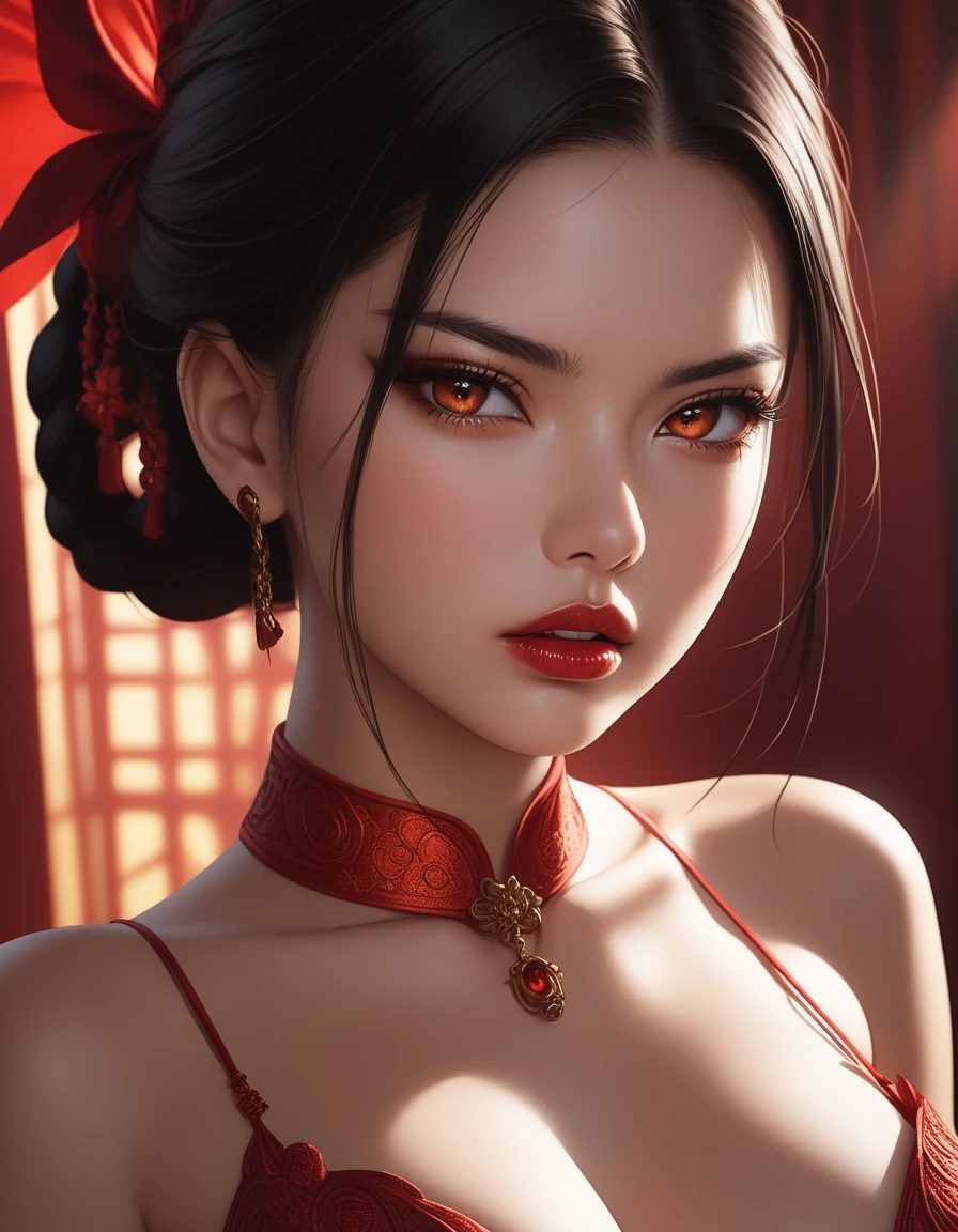 best quality, masterpiece, highres, 1girl, lingerie china armor, hair ornament, necklace, jewelry, Beautiful face, upon_body, tyndall effect, photorealistic, dark studio, rim lighting, two tone lighting, (high detailed skin:1.2), 8k uhd, dslr, soft lighting, high quality, volumetric lighting, candid, Photograph, high resolution, 4k, 8k, Bokeh, medium breasts, (light pink lips), 1 beautiful devil woman from hell, In the Dark: 1.6), surreal female portrait by David Hockney and Alphonse Mucha, fantasy art, korea doll, photorealism, dynamic lighting, artstation, poster, volumetric lighting, very detailed faces, 8k ultra, Awarded, in the dark, deep shadow, low key, cowboy lens, (Red phoenix dress: 1.4), long hair, black hair, bust, luxurious palace, Royal style, devil crown, red eyes make up very sharp and detailed, The most beautiful face, The breasts are very big and round and round, Super realistic, chinese women's clothing, polo neck sweater, Charming smile, The eyes are very well made up, guweiz, devil style, wearing black mesh socks, Ponytail with a bow tied at the back of the hair, Red black lips, Devil tattoo on shoulder, wearing a thin red and black robe, the landscape is overcast and thunderous, (Portrait), Close-up of the main character, (Background details 1.8),