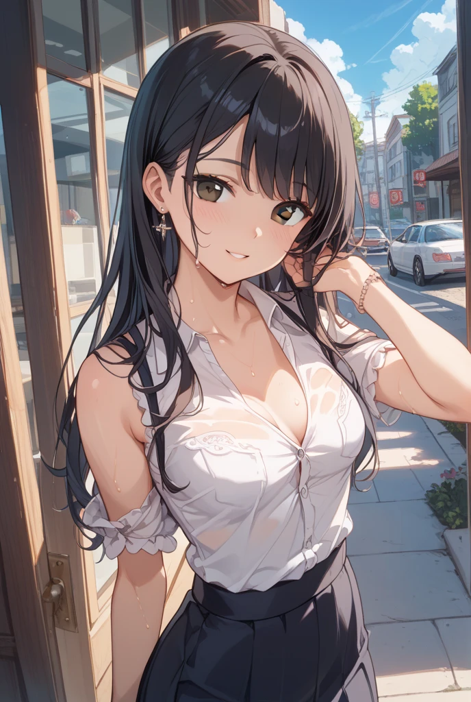 (masterpiece:1.2, top-quality), (realistic, photorealistic:1.4), beautiful illustration, (natural side lighting, movie lighting), ,
beautiful hair, beautiful face, beautiful detailed eyes, beautiful clavicle, beautiful body, beautiful chest, big breasts, enhance breasts, beautiful thigh, beautiful legs, beautiful hands,
looking at viewer, full body, front view, 1 girl, 16years old, japanese, perfect face, perfect anatomy:1.3, cute and symmetrical face, shiny skin, cleavage, hold breasts, breast squeeze,
(middle hair:1.8, wavy hair, (blond hair)), asymmetrical bangs, dark green eyes, long eye lasher, (large breasts:1.6, thin waist, thick thighs),
((School uniform, oversized t shirt, pleats mini skirt, )), grin face, leaning forward,
(beautiful scenery), morning, (village, trees), standing, (seductive smile), arms up