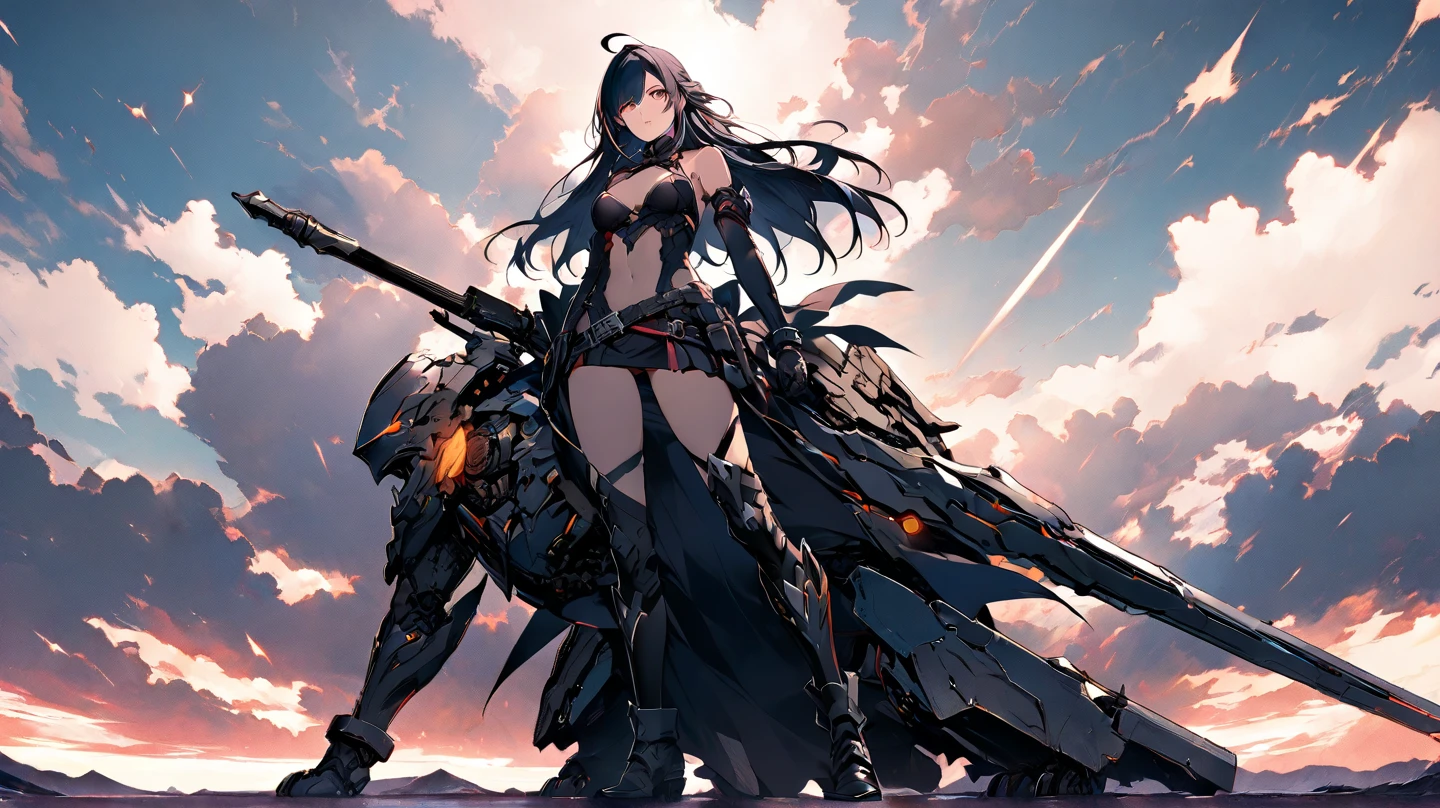 ((watercolor painting by John Singer Sargent)), 1girl , a female mature warrior with mechanical wings on her back is walking in front of a giant flying mechanical device in a classic battleground, curvy woman, cleavage,high heels , steampunk style, holly armor, long fair hair, bangs, fair skin, taking a large thick sword, dynamic angle shot, wind,