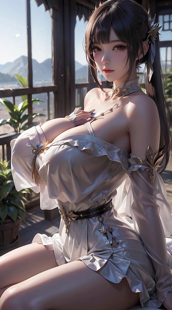 1 girl,At sunset, the warm sunlight adds a golden hue to the scene. Wearing a flowing (white dress with transparent sleeves and a cinched waist: 1.4), blown by the breeze, and wearing earrings, she stands on the dock and looks at the sunset in the distance. The water is calm, with soft ripples, and the outline of the distant coastline can be vaguely seen in the background,,open lips,charming smile,((huge breasts), shiny skin,Detailed hair,(tattooed:1.2),((8k, RAW photos, top quality, masterpieces)), high-definition RAW color photos professional photos, (realistic, photorealism: 1.37), (highest quality), (best shadows), ( ultra high resolution, high-definition CG unified 8K wallpapers, physically based rendering, movie lighting),Nanami