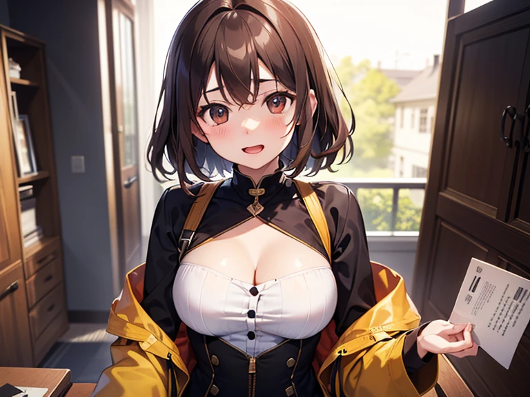 Anis, ((Aniswear)), hat, Cowboy shot, cleavage, busty, pov, sitting on bed, (blushing face:1.3), smiling, ((8k))