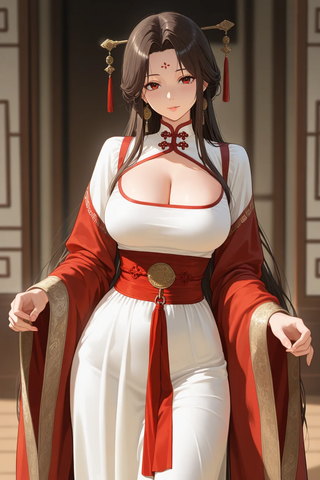 best qualityer， tmasterpiece， A high resolution， Wuxia 1girl， Be red in the face， （seduct smile：0.8）， Chinese Hanfu， hair adornments，  beautiful  face， after sexing_Body， Tyndall effect， realisticlying，  edge lit， twotonelighting， （highdetailskin：1.2）， 8K  UHD， digital SLR camera， gentle illumination， high high quality， Volumetriclighting， Frankness， photore， A high resolution， 4K, [ 4 K digital art ]!!, photorealistic perfect body, ，(huge tit:1.2 )，Barefoot --auto