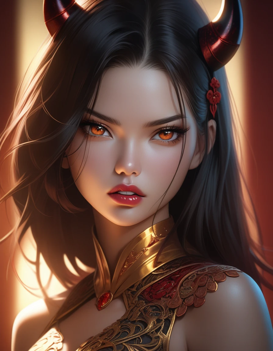 1 beautiful devil woman from hell, In the Dark: 1.6), surreal female portrait by David Hockney and Alphonse Mucha, fantasy art, korea doll, photorealism, dynamic lighting, artstation, poster, volumetric lighting, very detailed faces, 8k ultra, Awarded, in the dark, deep shadow, low key, cowboy lens, (Red phoenix dress: 1.4), long hair, black hair, bust, luxurious palace, Royal style, devil crown, red eyes make up very sharp and detailed, The most beautiful face, The breasts are very big and round and round, Super realistic, chinese women's clothing, polo neck sweater, Charming smile, The eyes are very well made up, guweiz, devil style, wearing black mesh socks, Ponytail with a bow tied at the back of the hair, Red black lips, Devil tattoo on shoulder, wearing a thin red and black robe, the landscape is overcast and thunderous, (Portrait), Close-up of the main character, (Background details 1.8),