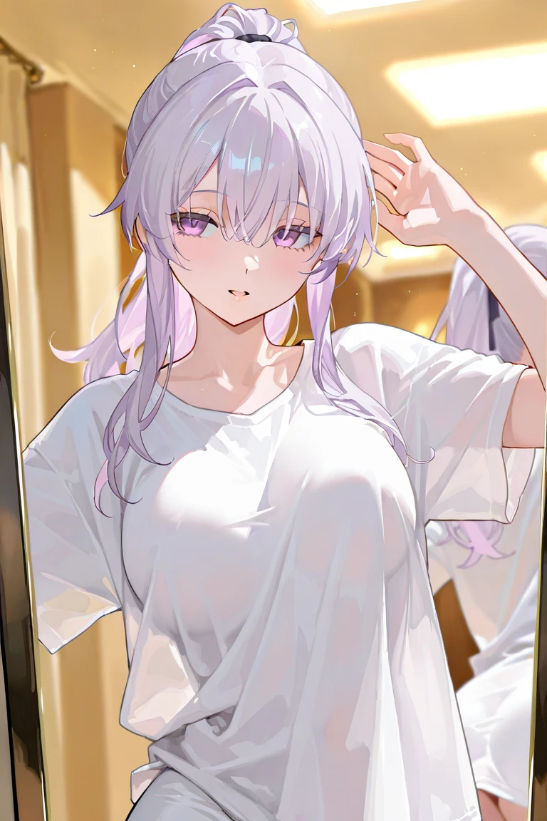 Browsing Caution,masterpiece,Highest quality,High resolution,Very detailed, Cowboy Shot, One girl, silver wolf\(Collapse Star Rail\), Grey Eyes, Grey Hair, Long Hair, ponytail, hair ornaments, Wear blue lens sunglasses on your head, In the process of taking off clothes, Embarrassing, Heavy breathing, Close your mouth, blush, Shiny skin, View your viewers, Silky skin, Rub your thighs together, Embarrassing格好, Love juice drips from the crotch, Inner thighs, Right in front of you, Very close, Reveal the tuning, In the corner of the library