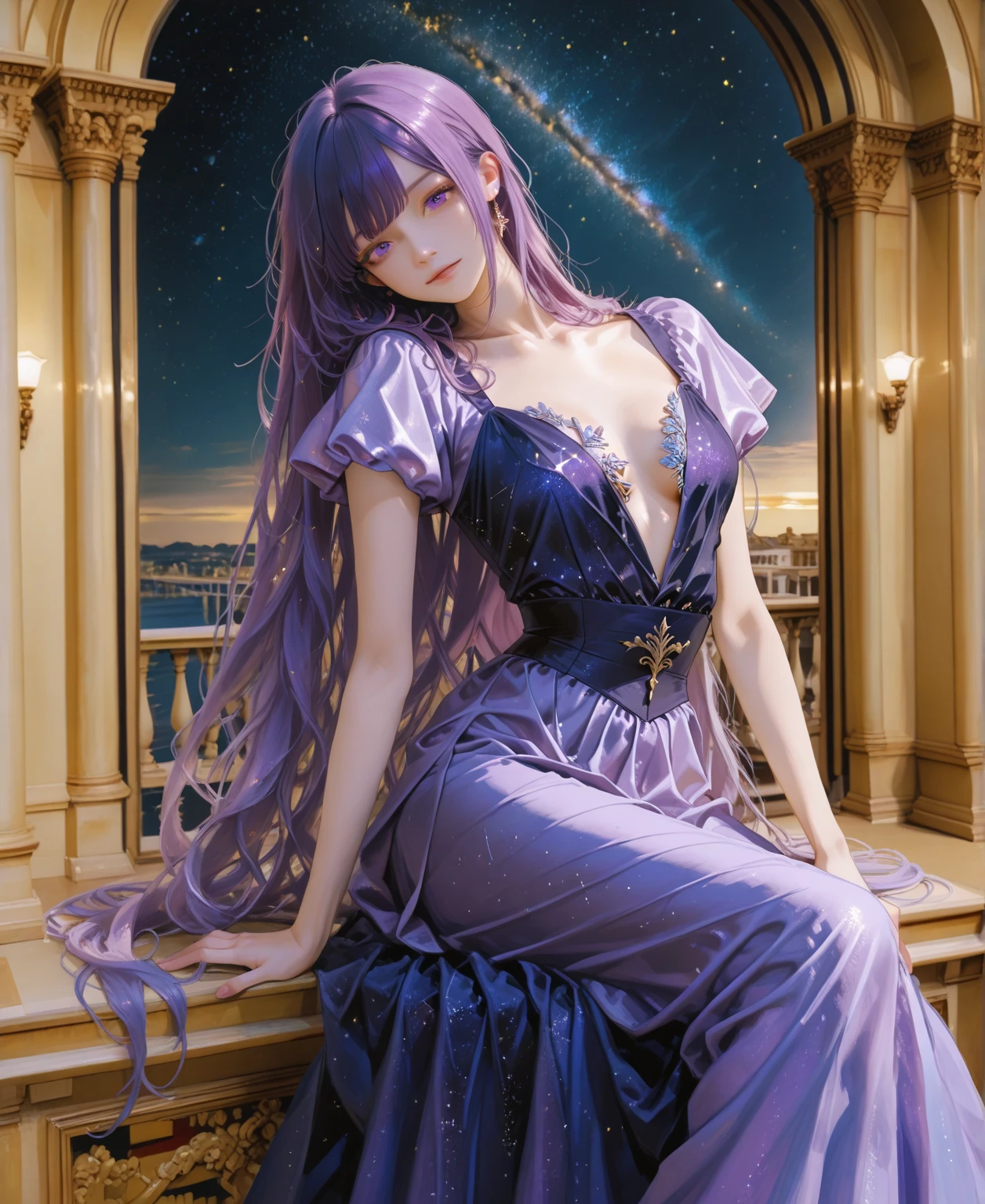 A beautiful woman sitting gracefully, ((Visible cleavage)), realistic style, detailed and rich textures. She has long, flowing long purple hair, expressive eyes, and a warm smile. Her attire is elegant, with intricate patterns and delicate fabric. She is sitting on a vintage armchair, surrounded by a cozy, well-decorated room with soft lighting. The background includes a bookshelf filled with books, a vase with fresh flowers, and a window showing a serene garden outside. Her posture is relaxed, with one leg crossed over the other and her hands gently resting on her lap. The scene is bathed in natural light, highlighting the fine details of her features and the surrounding environment. Anatomically correct