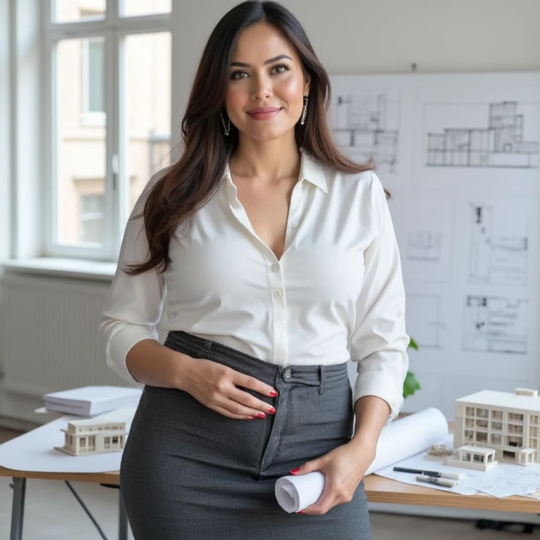 RAW PHOTO, her name is Alejandra, high quality, 1 old woman, ((58-year-old plus sized body latina woman)), (((58 years old))), ((plus sized)), ((chubby body)), ((wrinkled body)), (((old body))), ((long hair)), wearing stylish fashionable office wear different colored, POSE: dynamic pose, BREAK, BACKGROUND: indoor: office space, film grain