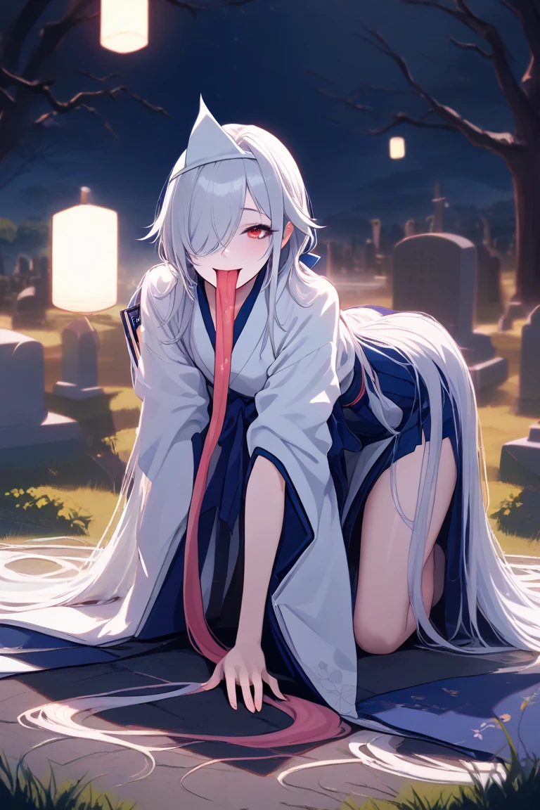 Highest quality, masterpiece,White Hair, Purple Eyes, Purple kimono, Exposing shoulders, ,Fair skin, Long Hair, Long Bangs,  Small breasts, Confused eyes, snow, sexy, Cemetery, Cross Grave, jitome, seductive smile, Leg lift, stretching, half closed eyes, Off Shoulder, looking back