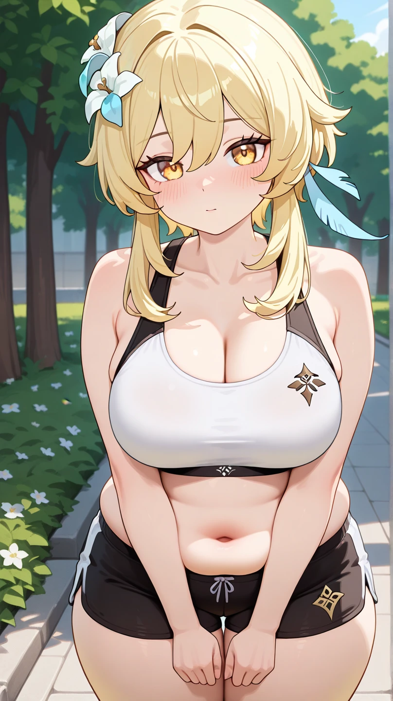 (masterpiece), (highest quality), (figure), (Very detailed), (High resolution), (8k), One Woman, Very large breasts, Big Breasts, Twin tails, Drill Hair, (Golden Hair), Very cute girl, Short, , delicate, Focus on women, she, smile, blush, Best moment, low length, Golden Eyes, Bright Eyes, Vivid eyes, cute, Thighs, Waistline, Beautiful Skin, Beautiful body, cute face, delicate arms, Innocent, Boyfriend's gaze, Neat, blush, whole body, Detailed skin texture, Intricate details, Very detailed face, Beautiful Eyes, Big Eyes, Mami Tomoe, Crop top, Denim shorts, garden, Striped knee socks, Glasses, Sweat,