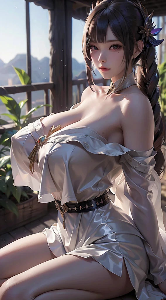 (Masterpiece, Best Quality: 1.2), 1girl, Solo Seeing the whole body of a Chinese woman with long hair, the breasts are big and round, your position would be ( standing, with the spine aligned, facing you.