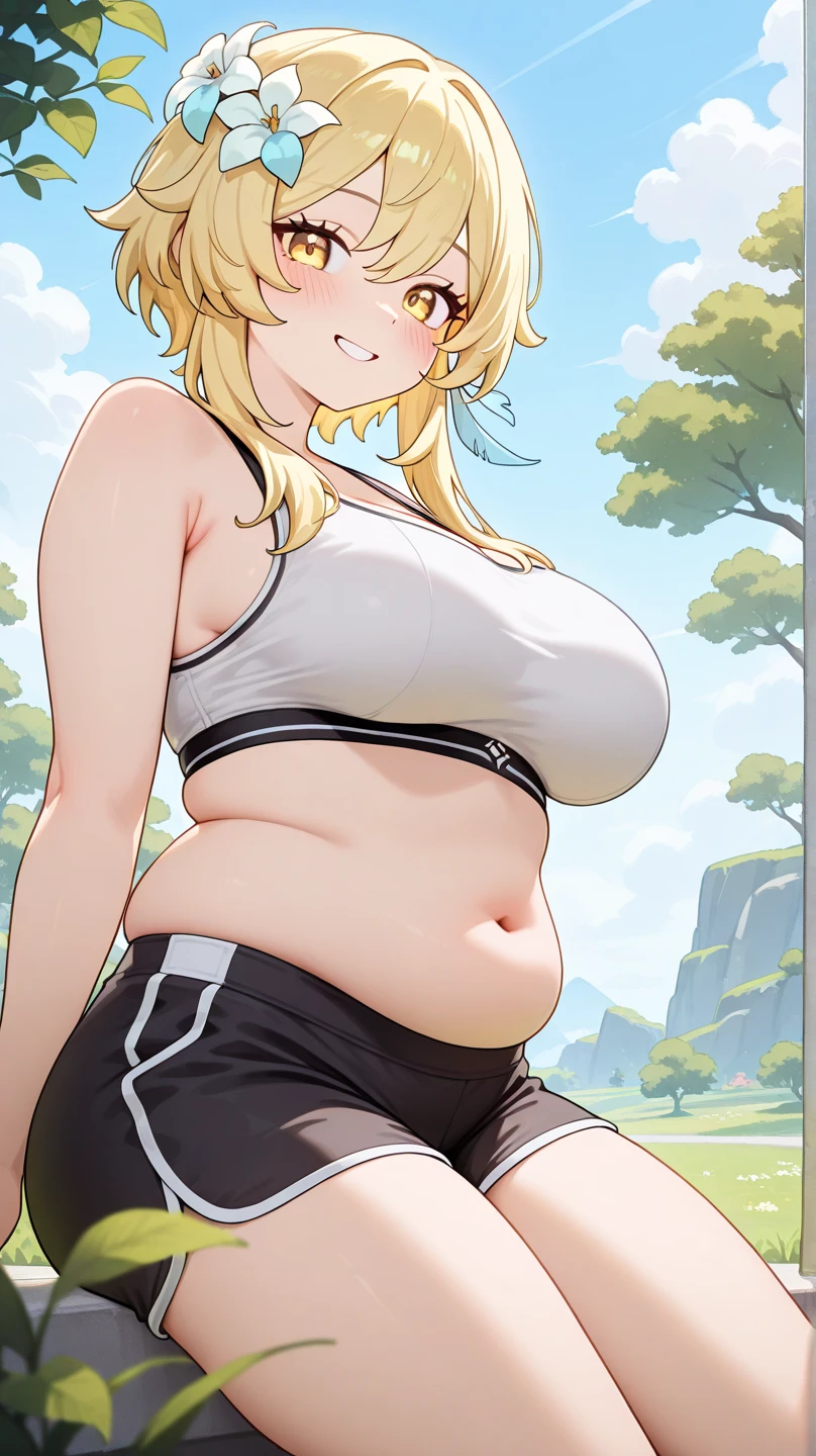((highres)), Masterpiece, high quality, best quality, beautiful, perfect lighting, detailed face, ultra cute face, cowboy shot, ((1girl)), ((solo)),
long hair, fluffy hair, blonde hair, blue eyes, ((blush)), embarrassed, nervous, shy, looking at viewer, arms behind back, crop top, shorts, thick thighs, (wide hips), (chubby), chubby belly, cleavage, ((large breasts)),
20 year old female, standing in a park, (park), daytime,