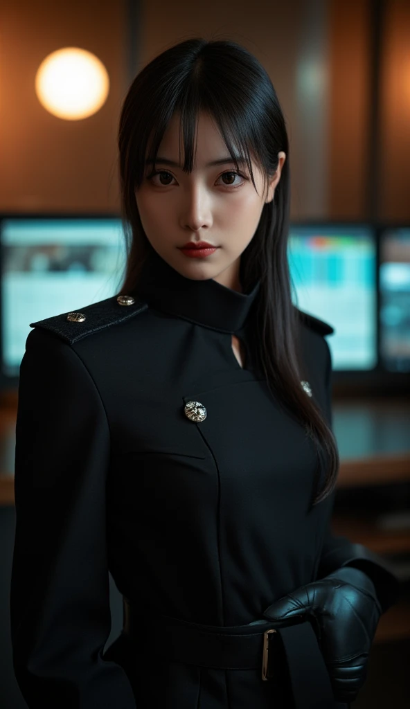 (highest resolution, distinct_image), best quality, masterpiece, highly detailed, semi realistic, a woman with short black hair, mature woman, triple bangs, black uniform, black pleated skirt, military uniform, spaceship space, control room, commander