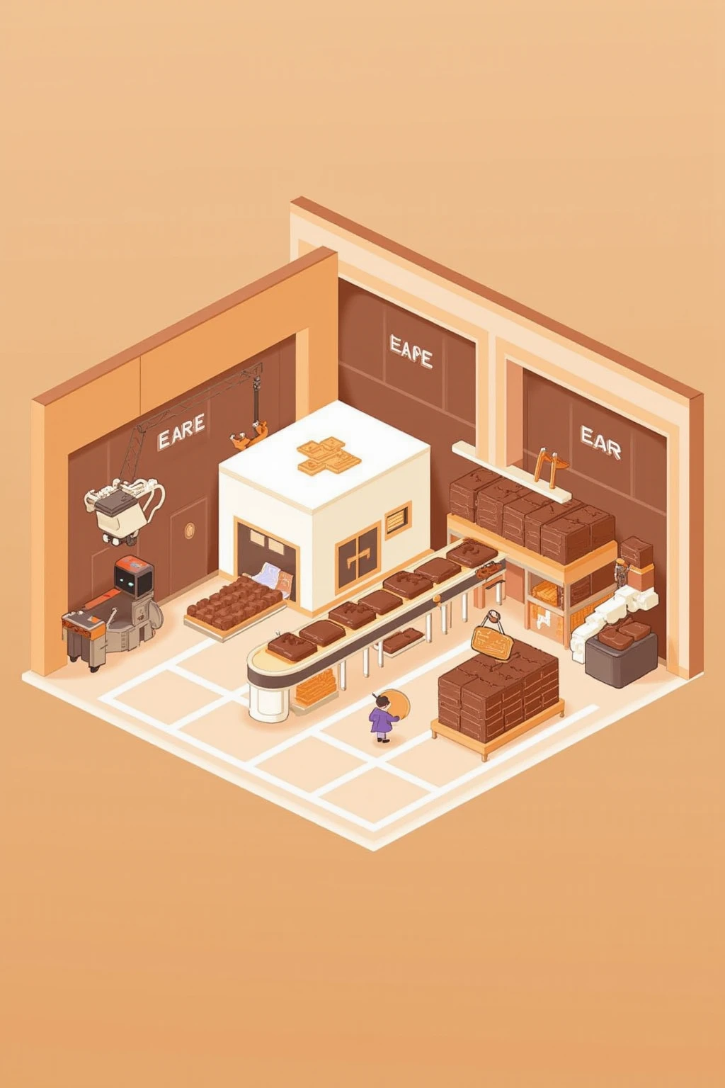 Cute 3D illustration. 3D rendering.
Chocolate factory. Inside a large warehouse.
A conveyor belt with large chocolates. A crane transporting chocolates. A robot sorts the chocolates.
The floor is marked with white lines.